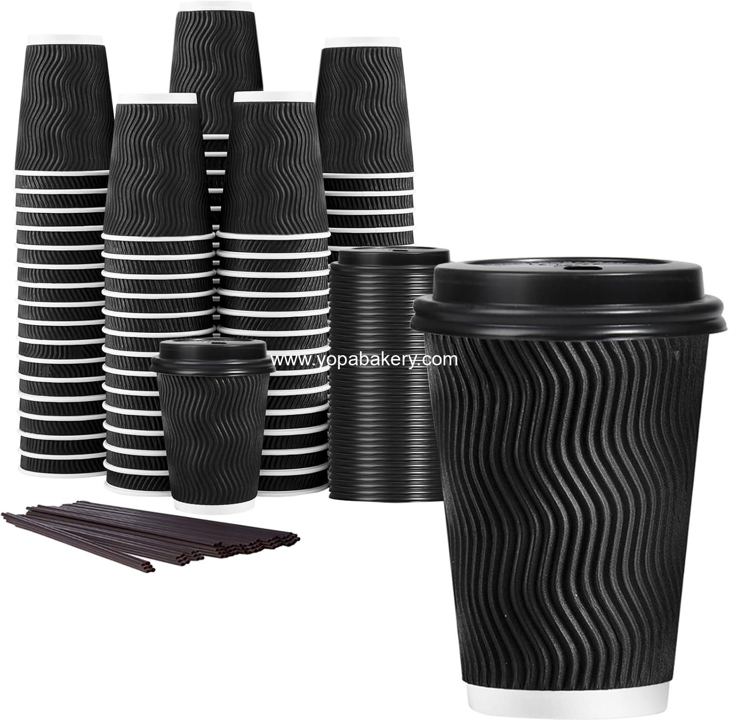 Wholesale 12 oz Disposable Coffee Cups with Lids, 50 Pack Insulated Paper Hot Cups To Go with Straws, Corrugated Ripple Wall for Hot Drinks - Black Factory