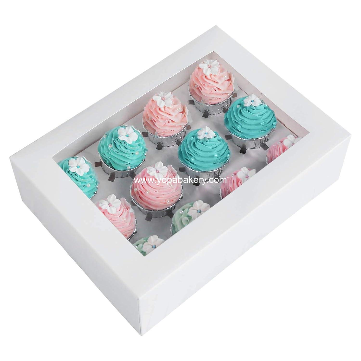 Wholesale 15-Pack White Cupcake Boxes with Inserts and PVC Windows, 12-Cavity Cake Carrier, Food Grade Pop-up Bakery Boxes, 13.8 x 9.5 x 4 inches, Pack of 15, Manufacturer