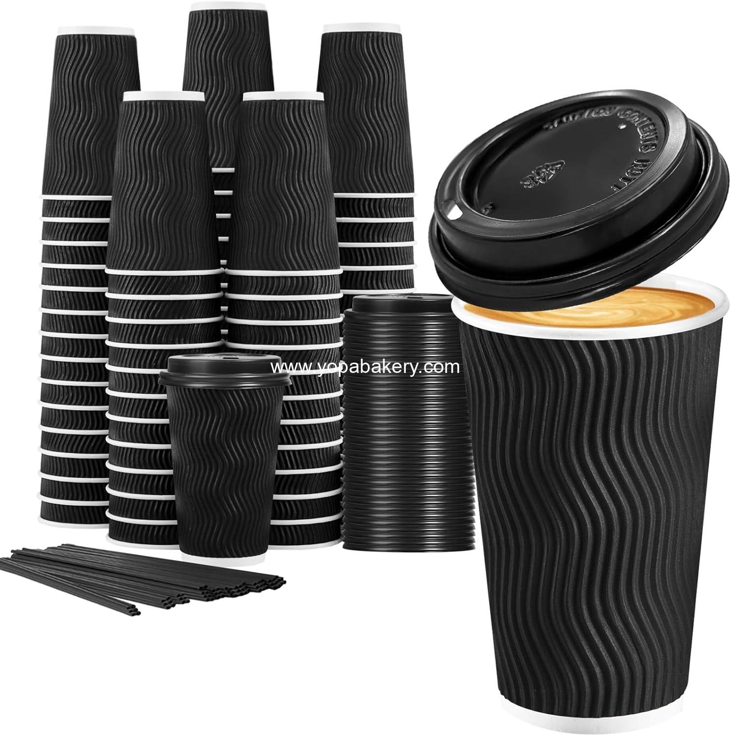 Wholesale 16 oz Insulated Disposable Coffee Cups with Lids, 50 Pack, Corrugated Ripple Wall Hot Drink Paper Cups To Go with Straws, Black - Factory