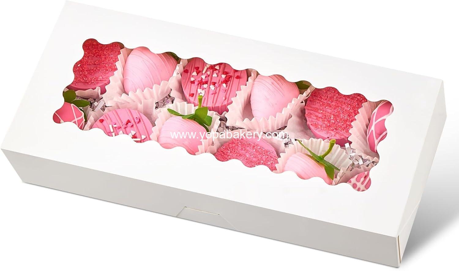 Wholesale 20 Pack Auto-Popup Bakery Boxes 12.5 x 5.5 x 2.5 Inch with Window, White Treat Boxes for Cookies, Chocolate-Covered Strawberries, Cocoa Bombs, Donuts, Muffins, Pastries, Factory