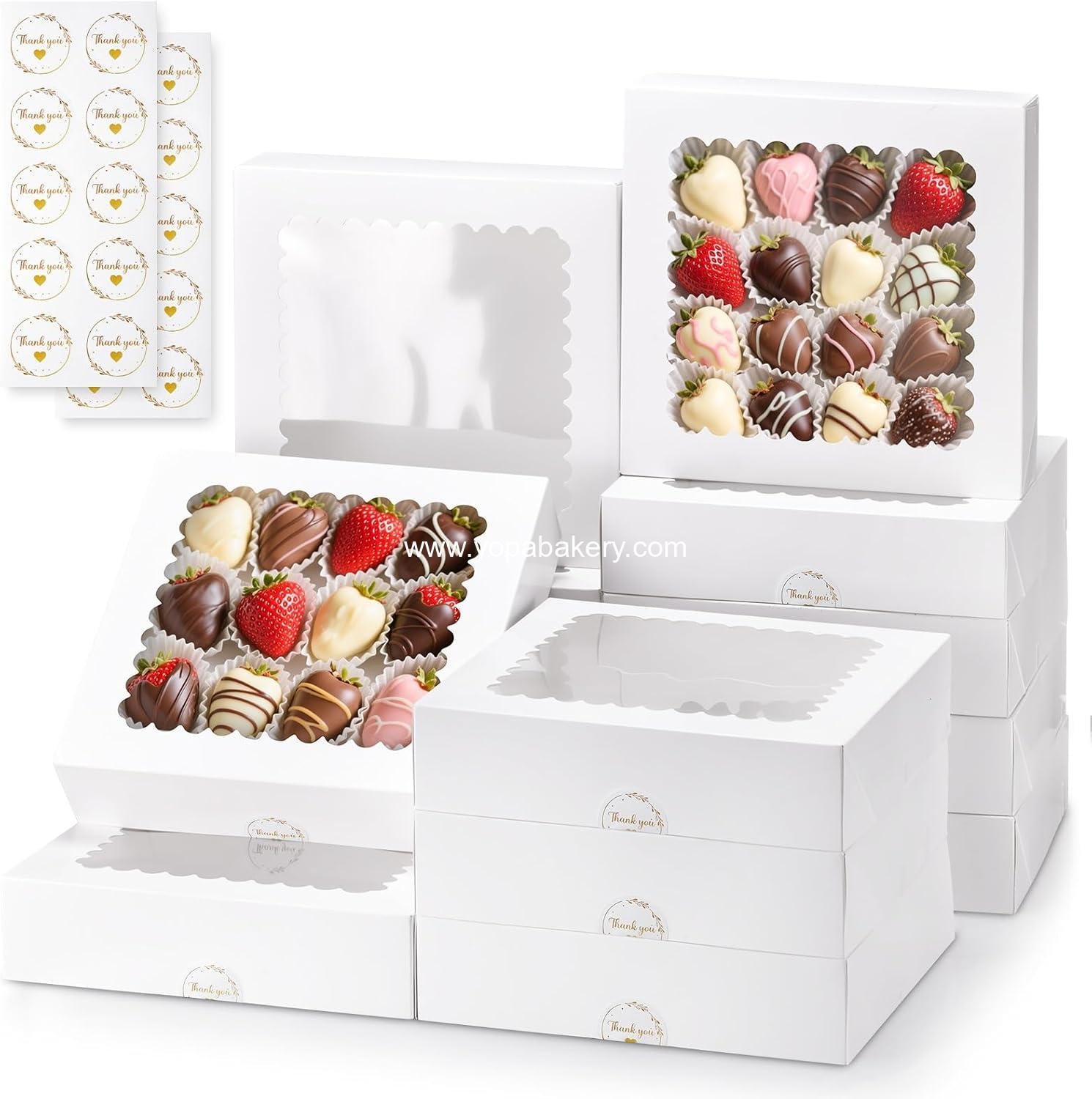 Wholesale 20 Pcs Bakery Boxes with Window, Auto-Pop-Up 10x10x2.5 inches White Treat Boxes for Chocolate Covered Strawberries, Pie, Donuts, Pastries, Cookies, and Desserts - Factory