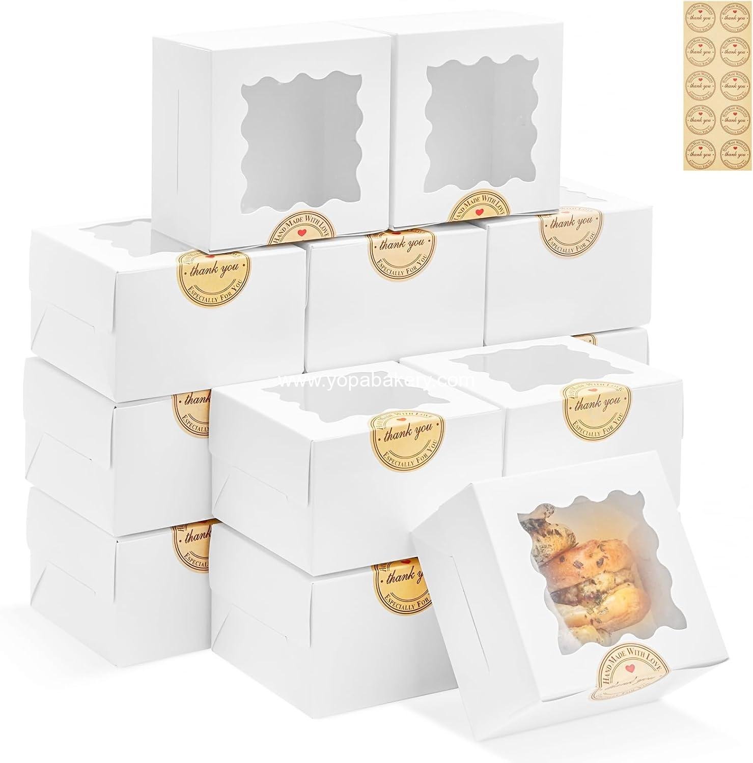 Wholesale 30pcs White Cookie Boxes with Window, 4x4x2.5 Inches Small Bakery Boxes with Stickers for Mini Cakes, Macarons, Cupcakes, Treats, Desserts, Candy, Donuts, Cookies, Strawberries, Chocolate Factory
