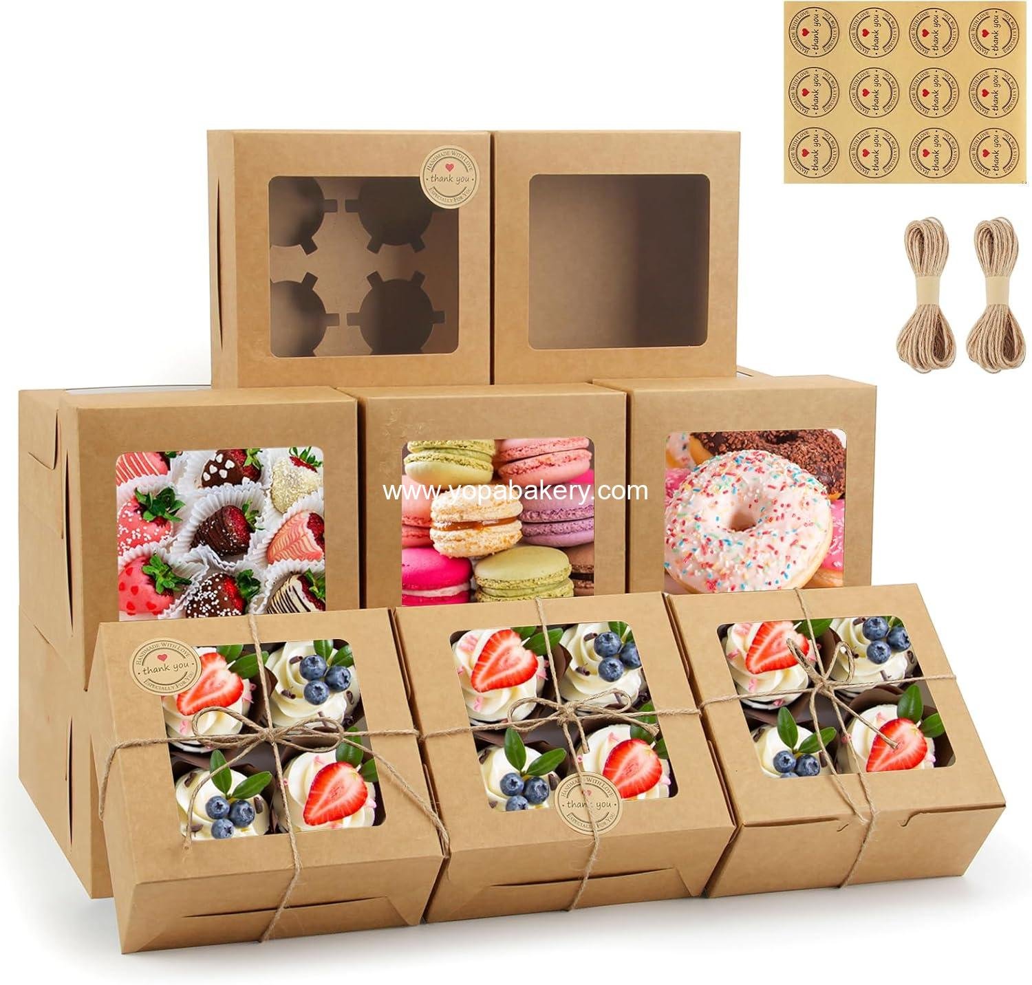Wholesale 50 PCS Cupcake Boxes with Window, 6x6x3 Inch Cookie Containers, Brown Bakery Boxes for Pastry, Desserts, Chocolate Strawberries, Treat Boxes with Stickers & Jute Twine Factory