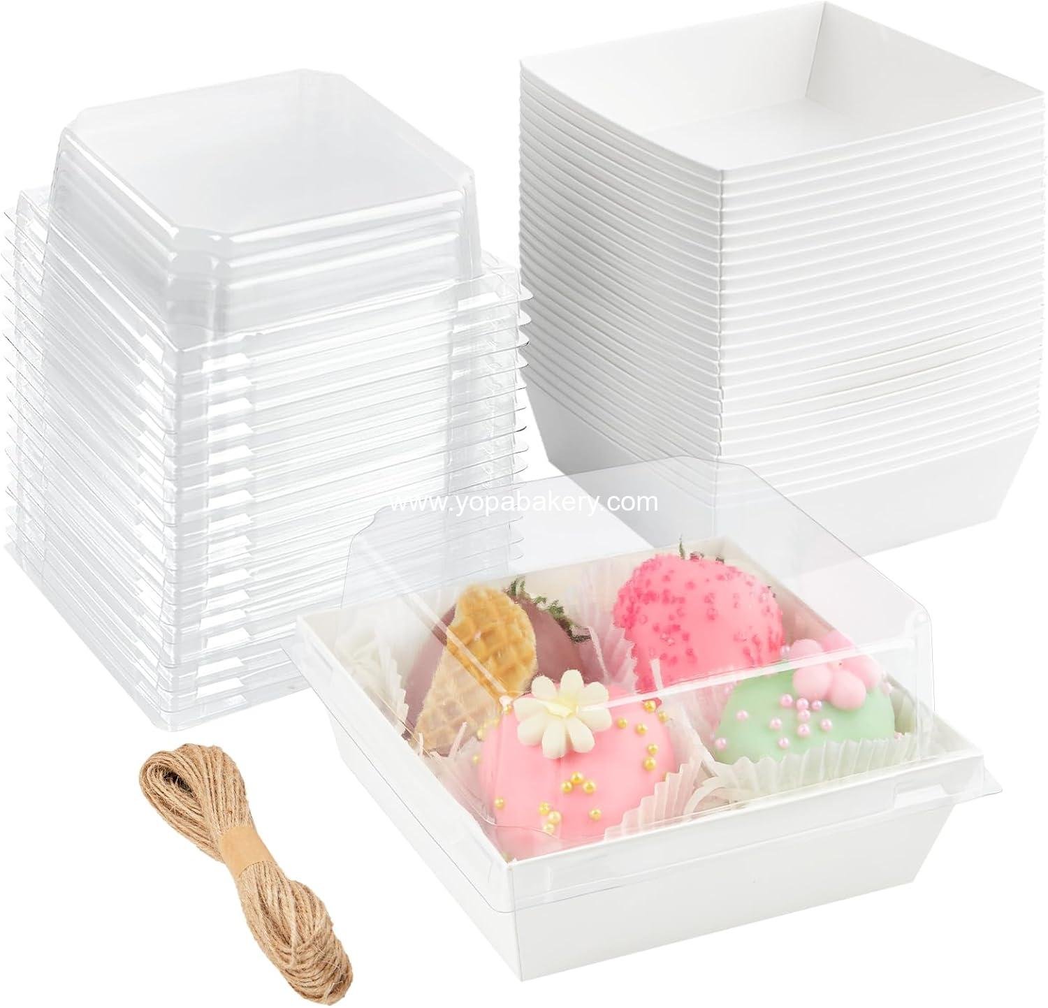 Wholesale 50-Pack 4x4 Inch White Paper Charcuterie Boxes with Clear Lids for Mini Cake Slices Bakery Containers Individual Desserts Cookies Strawberries Treats Factory