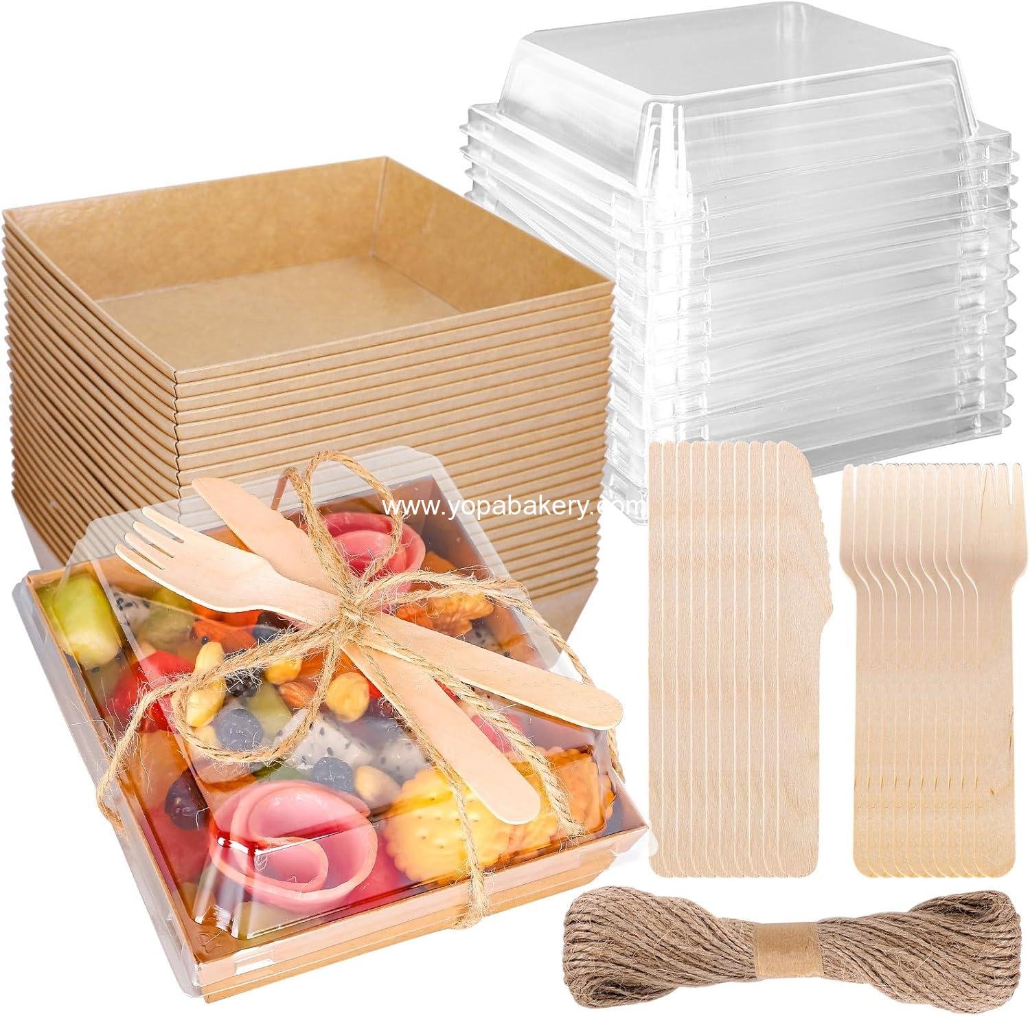 Wholesale 50Pcs Small Charcuterie Boxes with Clear Lids - Kraft Mini Dessert Boxes with Forks and Knives, 5 Inch Square Disposable Food Containers for Sandwiches, Cookies, Sushi, Cake Slices, Strawberries Factory