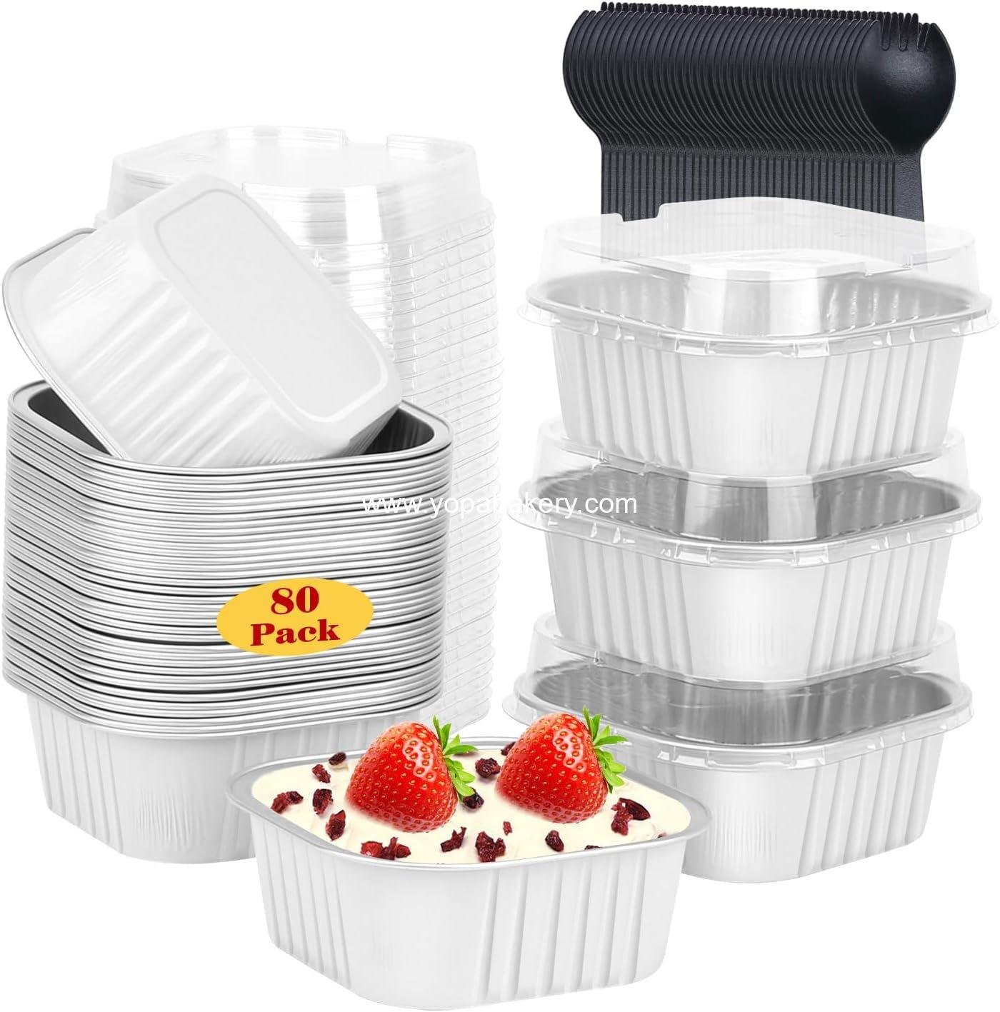 Wholesale 5oz Mini Cake Pans with Lids, 80-Pack Foil Cupcake Cups, Small Brownie Baking Tins, Square Disposable Ramekins, Mini Cheesecake Containers, Muffin Holders - Factory