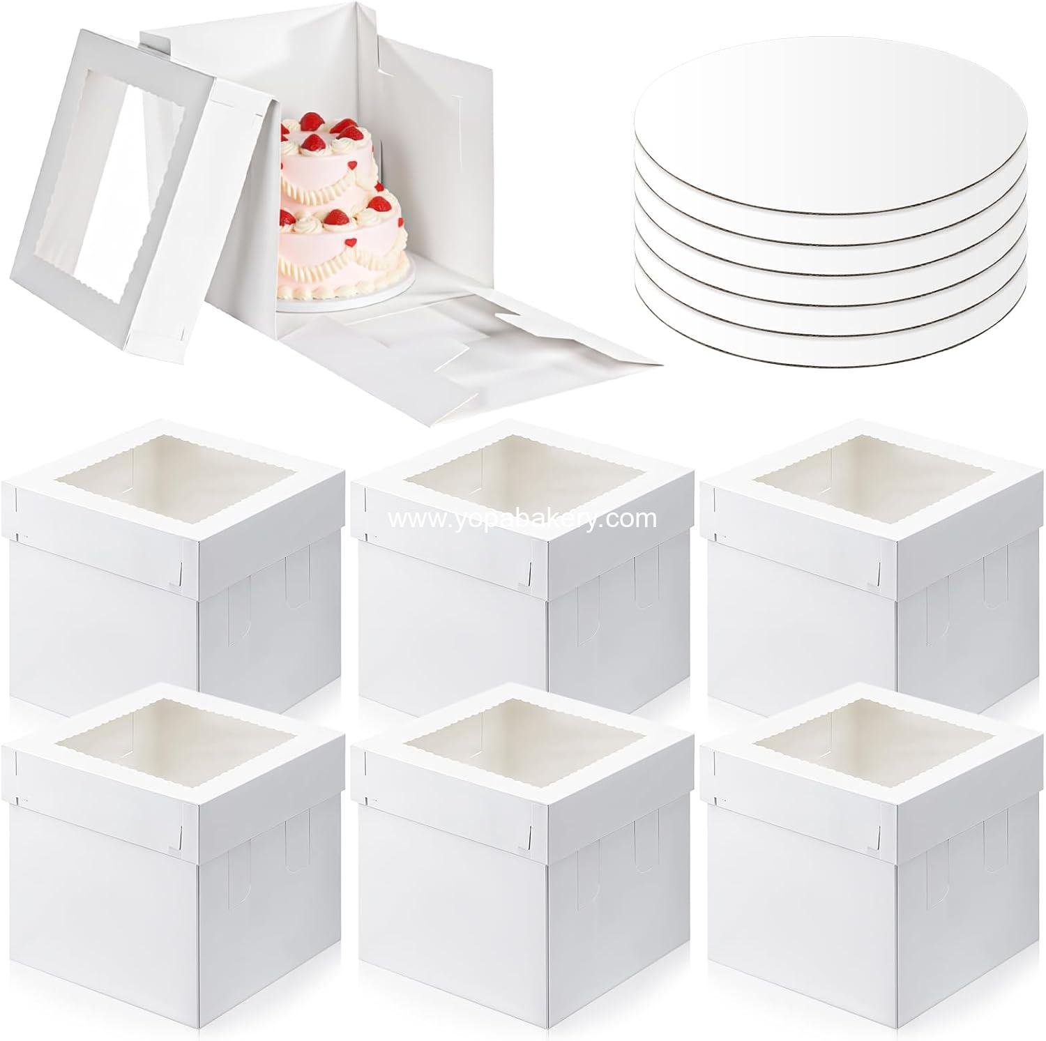 Wholesale 6 Pack Tall White Cake Boxes 12x12x12in with Boards for Tier Cakes, Disposable and Sturdy with Window, Factory