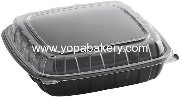 Wholesale 9x9x3 Inch Black and Clear Plastic Hinged Container, Microwavable 1-Compartment Square Clamshell, BPA Free, 100 Count Factory