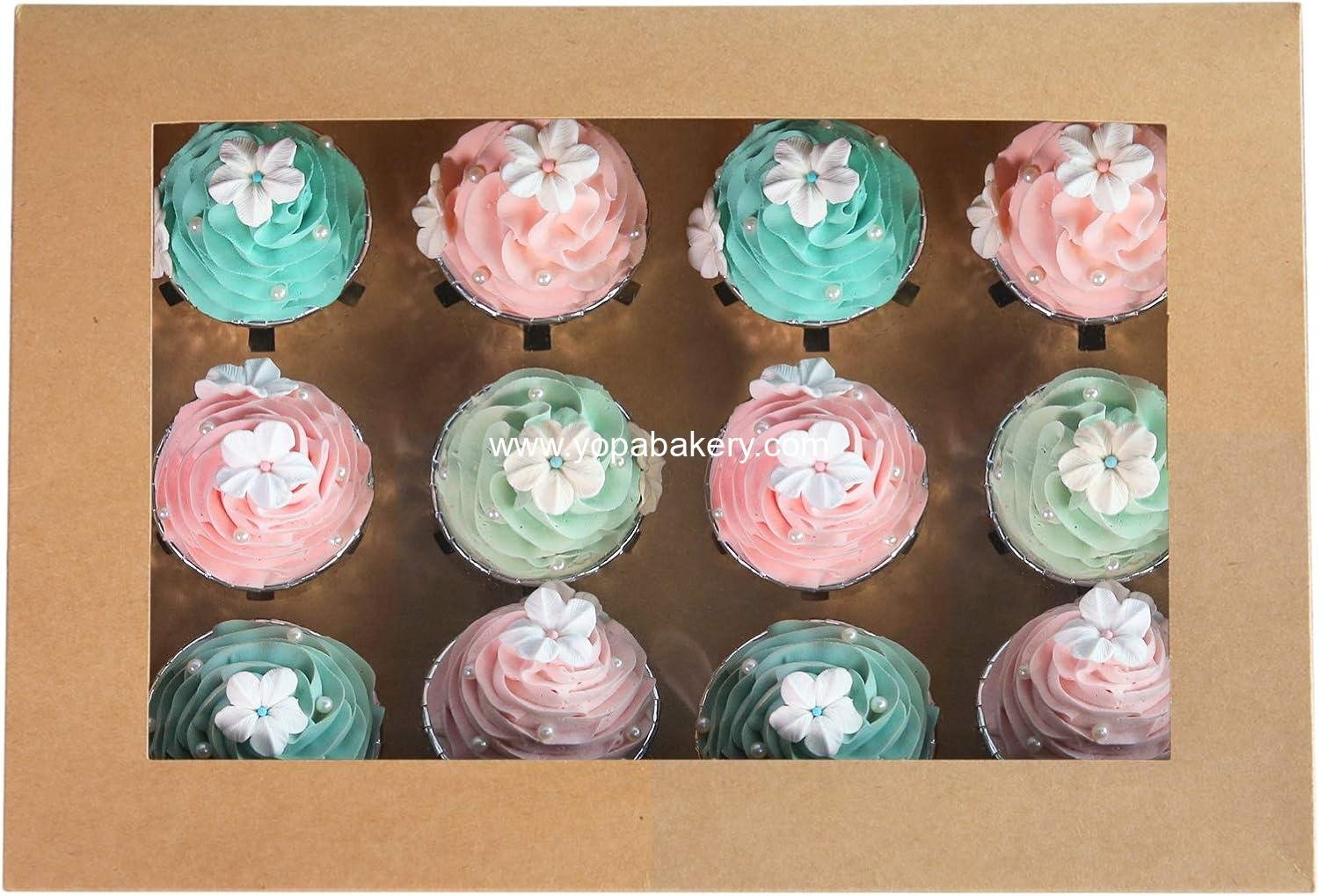 Wholesale Brown Cupcake Boxes - 20 Packs of 12-Hole Cake Carriers, Food Grade Kraft Pop-up Bakery Boxes 13.8 x 9.5 x 4 inches with Inserts and PVC Windows for 12 Cupcakes or Muffins, Factory