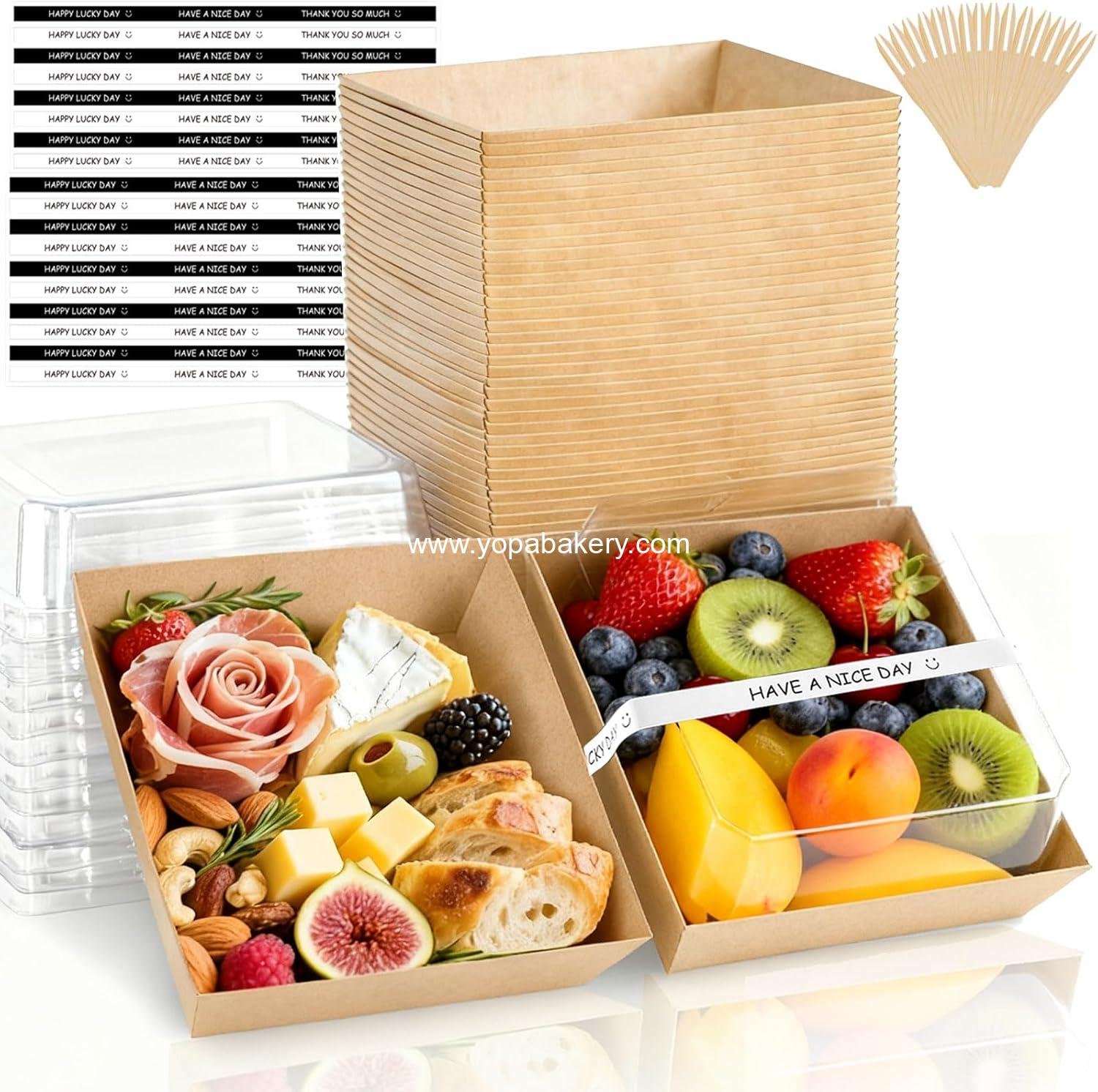Wholesale Charcuterie Boxes with Clear Lids - 60 Pack Mini Dessert & Treat Boxes with Labels & Forks - Disposable Food Containers for Cookies, Fruits, Sandwiches, Sushi, Salad, Cake Slices (Brown) Factory