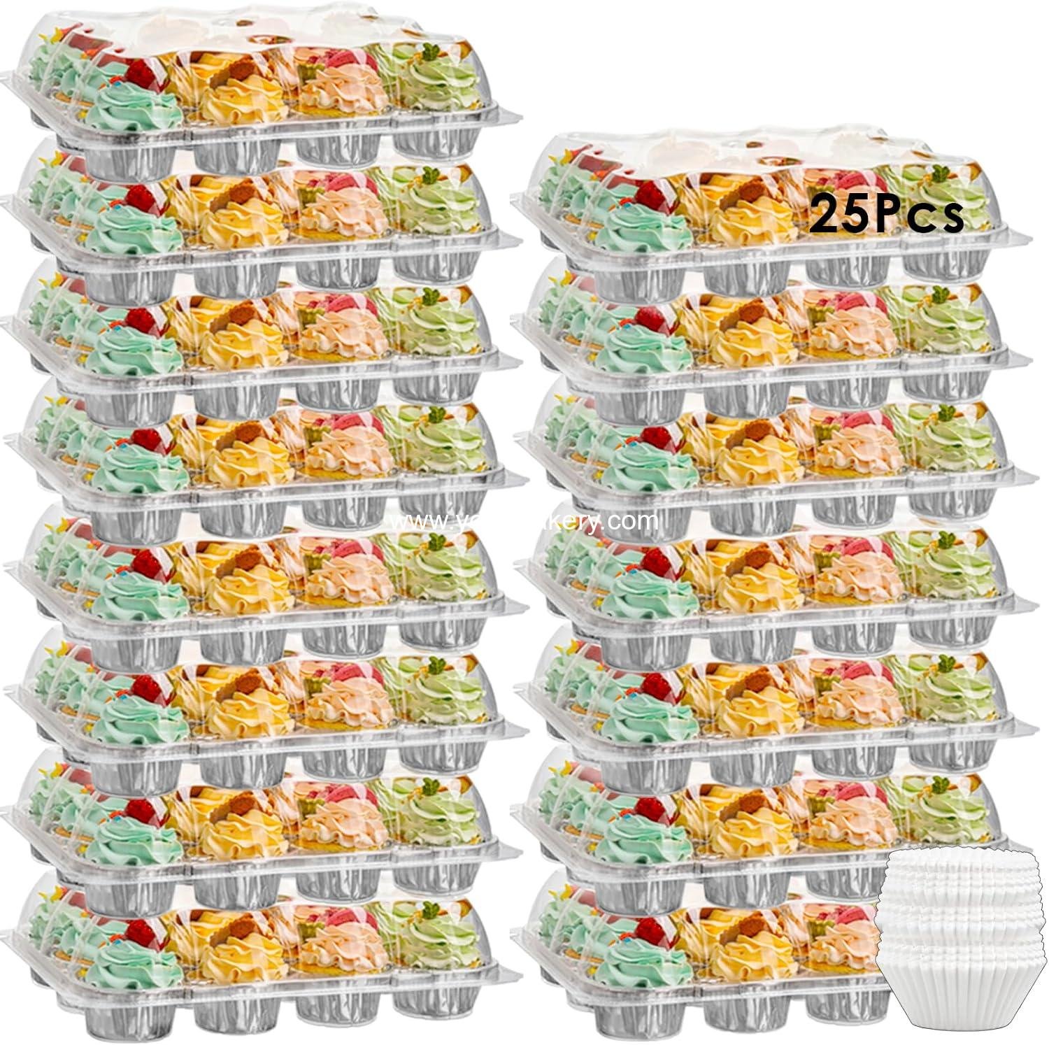 Wholesale Stackable Cupcake Carrier (12 Pack x 25 Sets) with 300 Cupcake Liners - Clear Disposable Boxes for 12 Cupcakes, Plastic Holders, Cupcake Trays, Factory