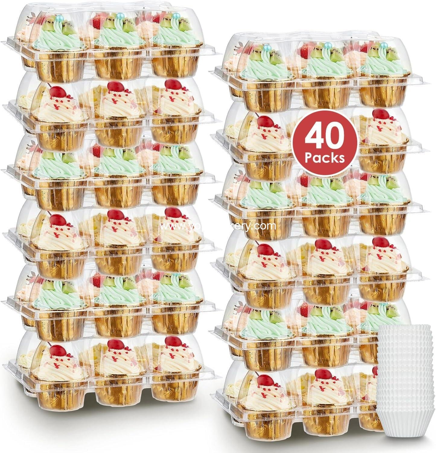 Wholesale Stackable Cupcake Containers (6 Count x 40 Sets) with 240 Liners, High Dome Lid Cupcake Carrier for 6 Cakes, Clear Cupcake Trays and Holders - Factory