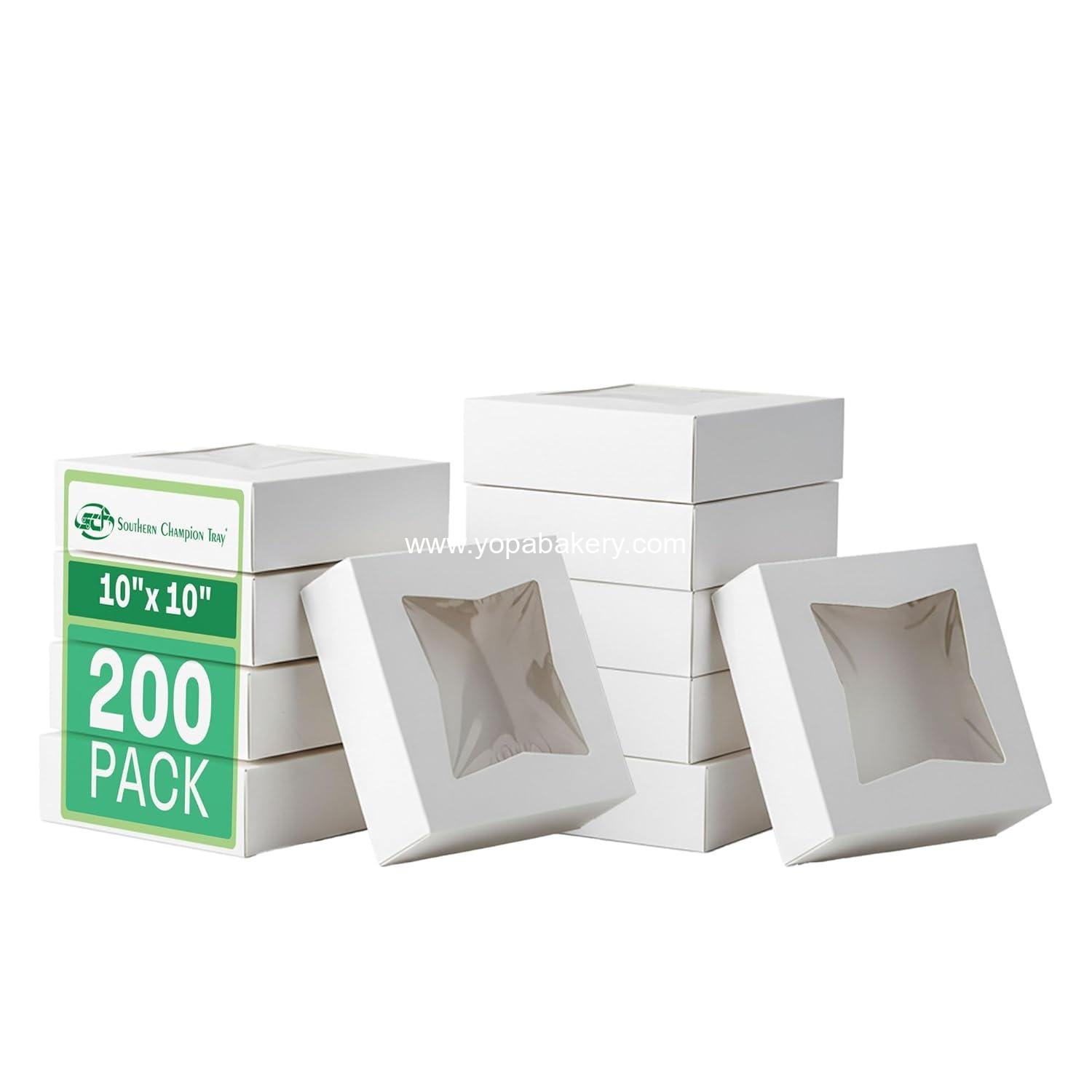 Wholesale White Bakery Boxes with Attached Flip Top, 10 x 10 x 2.5, 4-Corner Beers Design, Paper, 200/Carton, Factory