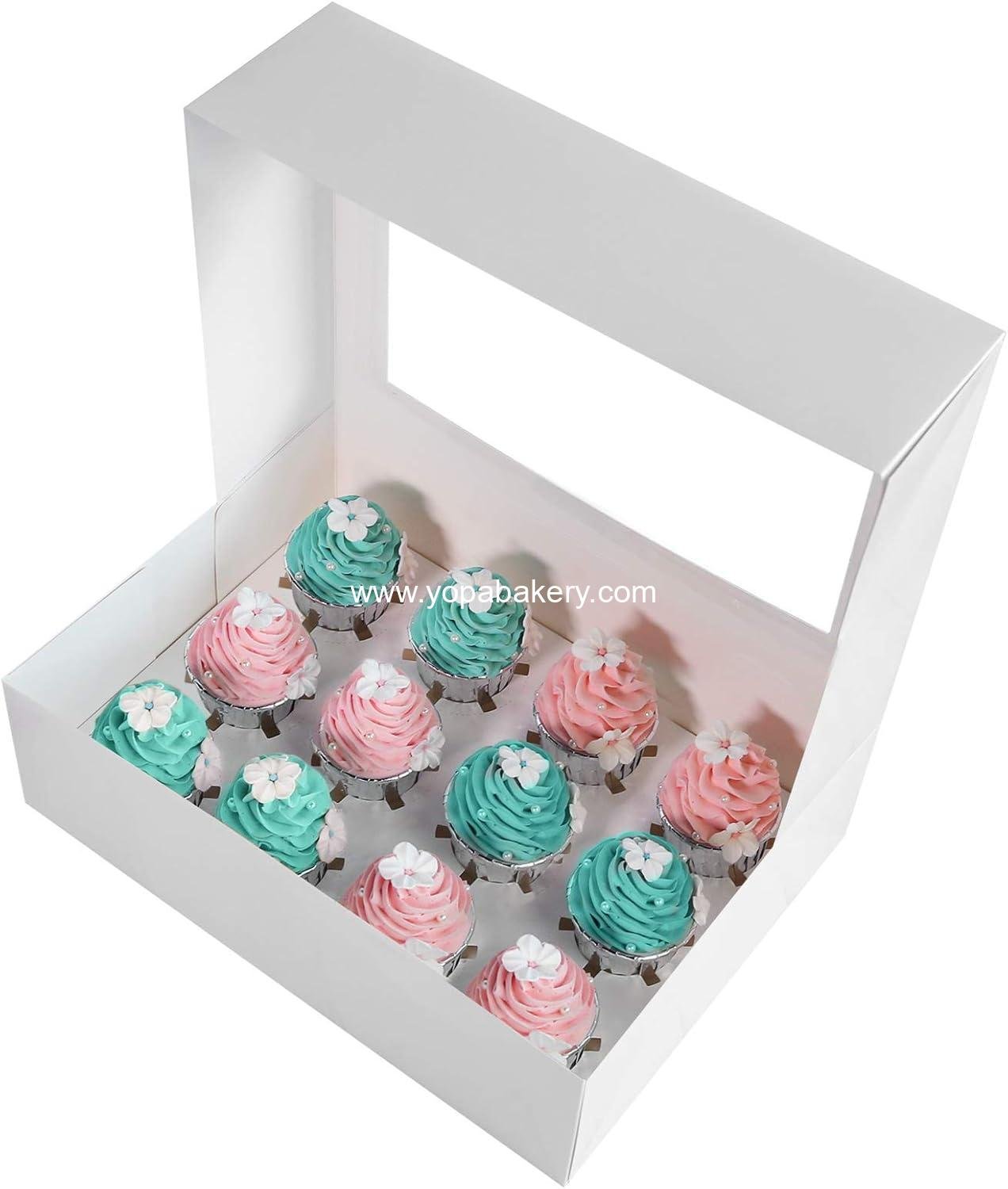 Wholesale White Cupcake Boxes 12 Holders, Cake Carrier Food Grade Pop-up Bakery Boxes 13.8 x 9.5 x 4 inches with Inserts and PVC Windows for 12 Cavity Cupcakes or Muffins, Pack of 20 Factory