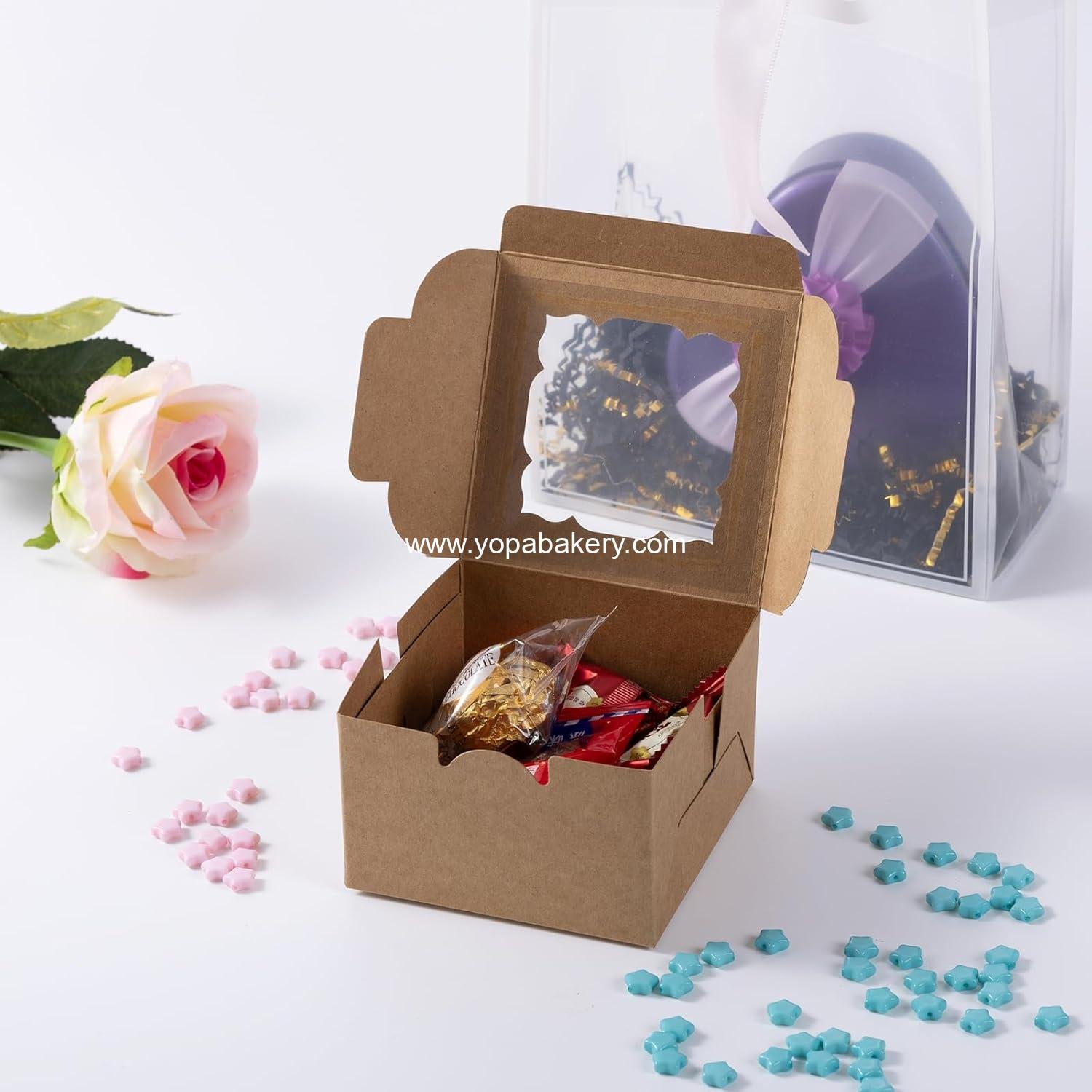 Wholesale 24 Pack 4x4x2.5 Inch Brown Bakery Boxes with Window for Cookies Pastries Mini Cakes Strawberries Donuts Cupcakes Factory