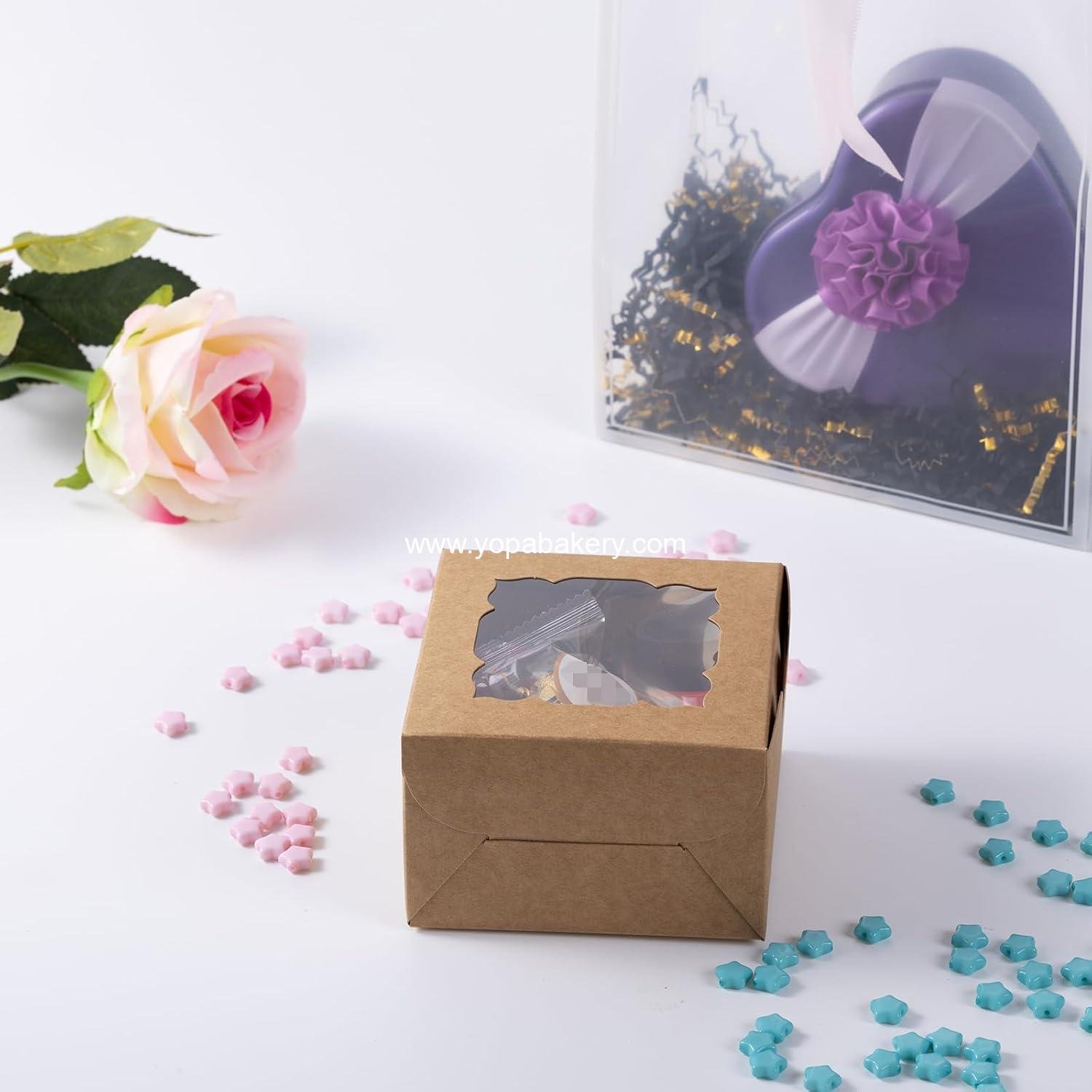 Wholesale 24 Pack 4x4x2.5 Inch Brown Bakery Boxes with Window for Cookies Pastries Mini Cakes Strawberries Donuts Cupcakes Factory