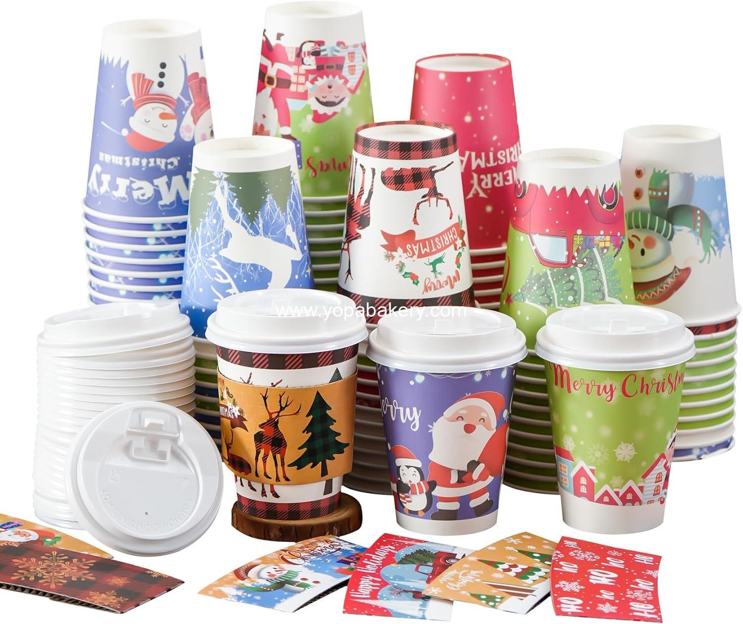 Wholesale 12oz Christmas Disposable Paper Cups with Lids Sleeves 10 Designs Hot Chocolate Coffee Hot Cocoa Bar 90 Pack Factory