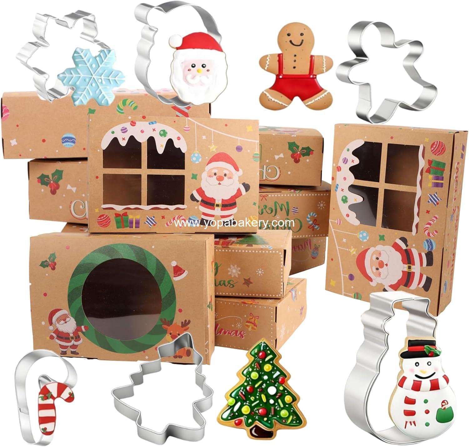 Wholesale 12pcs Christmas Cookie Boxes 6 Cutters Santa Tree Snowflake Candy Cane 8x5.5x2.36in Kraft Bakery Pastry Treat Boxes Gifts Parties Factory