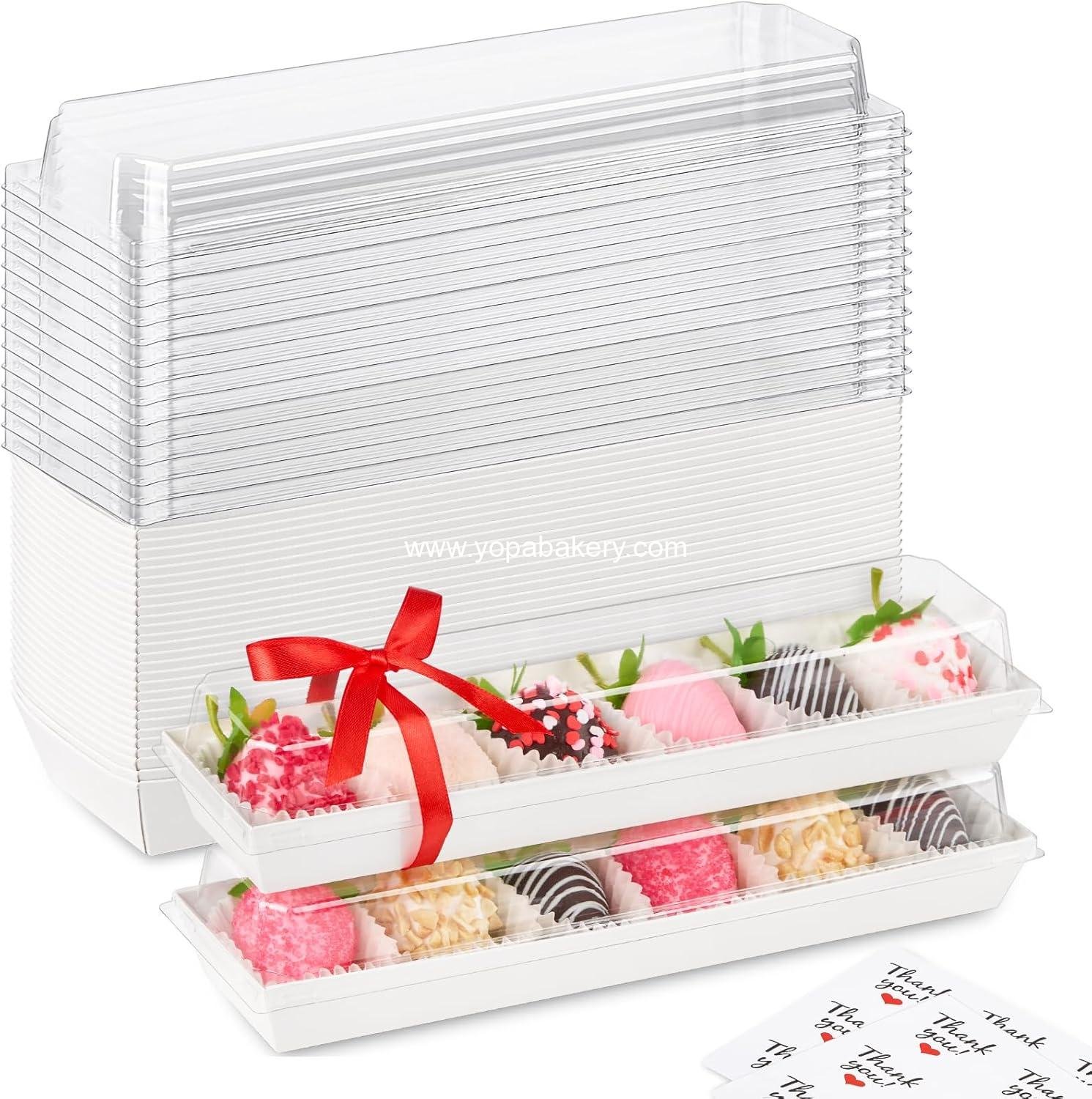 25 Pack Paper Strawberry Boxes with Clear Lids, 12 x 2.6 x 2 Inches White Long Macaron Boxes for Packaging 5-7 Chocolate Covered Strawberries, Cookies, Cocoa Bombs, Truffles