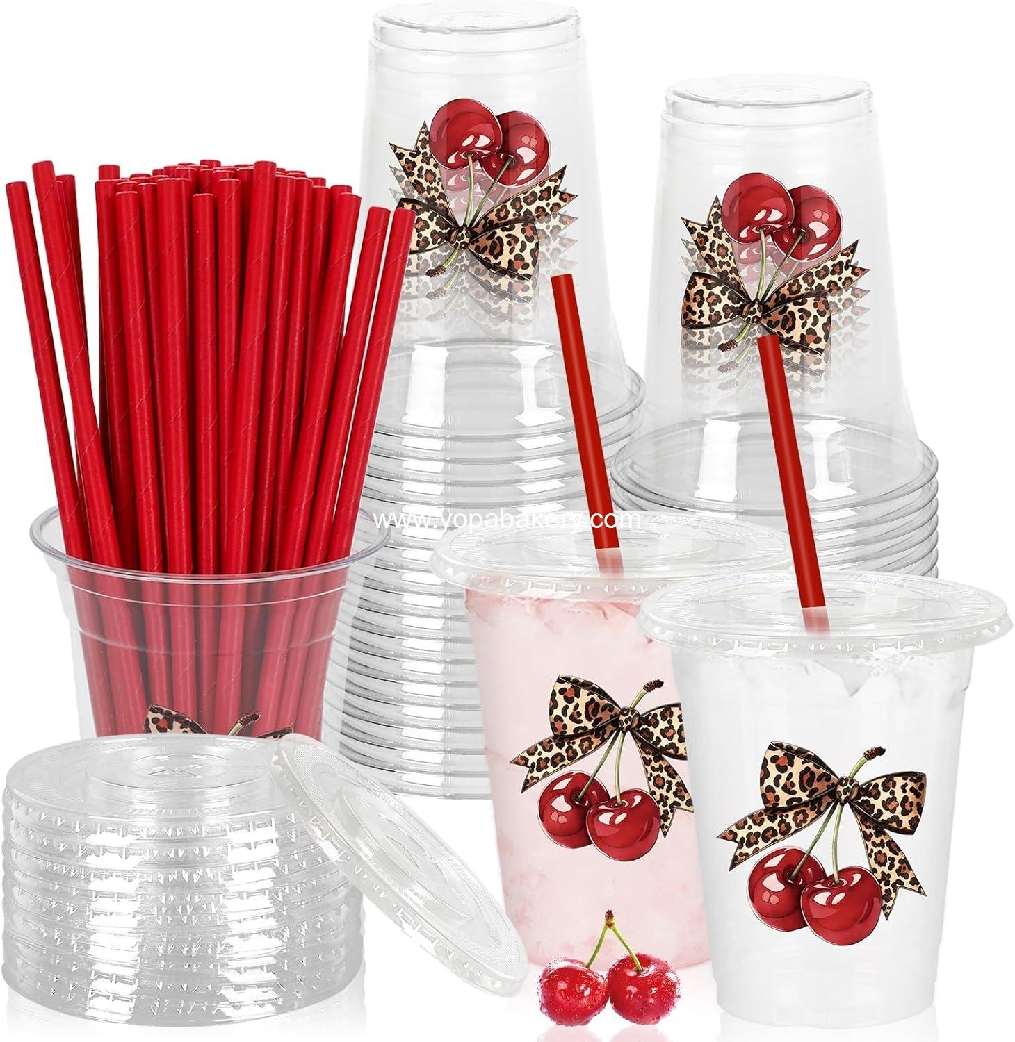 Wholesale 50pcs 12oz Leopard Cheetah Cherry Print Disposable Plastic Cups with Lids Straws for Bachelorette Party Girls Night Bridal Shower Factory