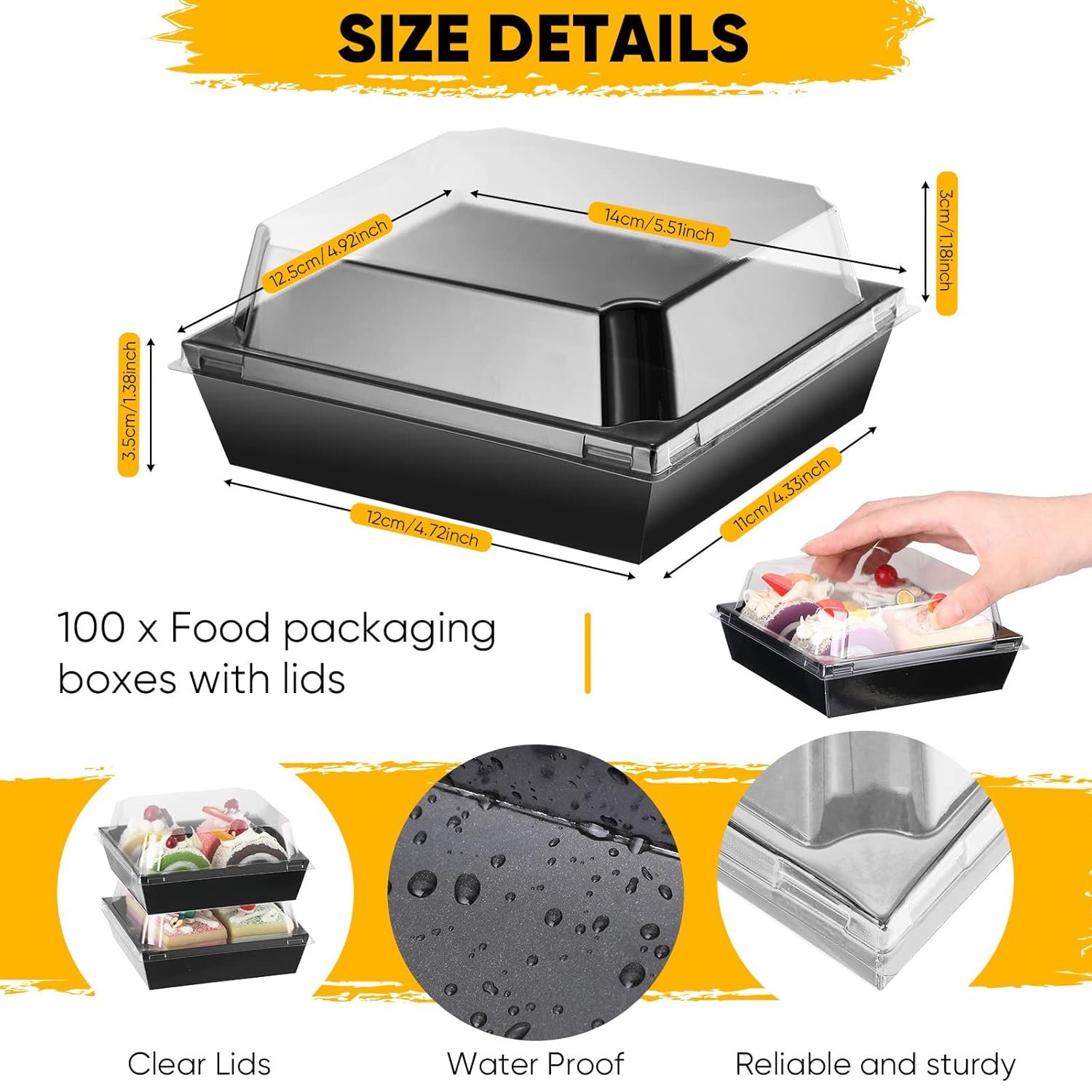 Wholesale 100 Pack 5 Inch Black Square Paper Charcuterie Boxes Clear Lids Disposable Cookie Containers for Desserts Cakes Hot Cocoa Bombs Strawberries Factory