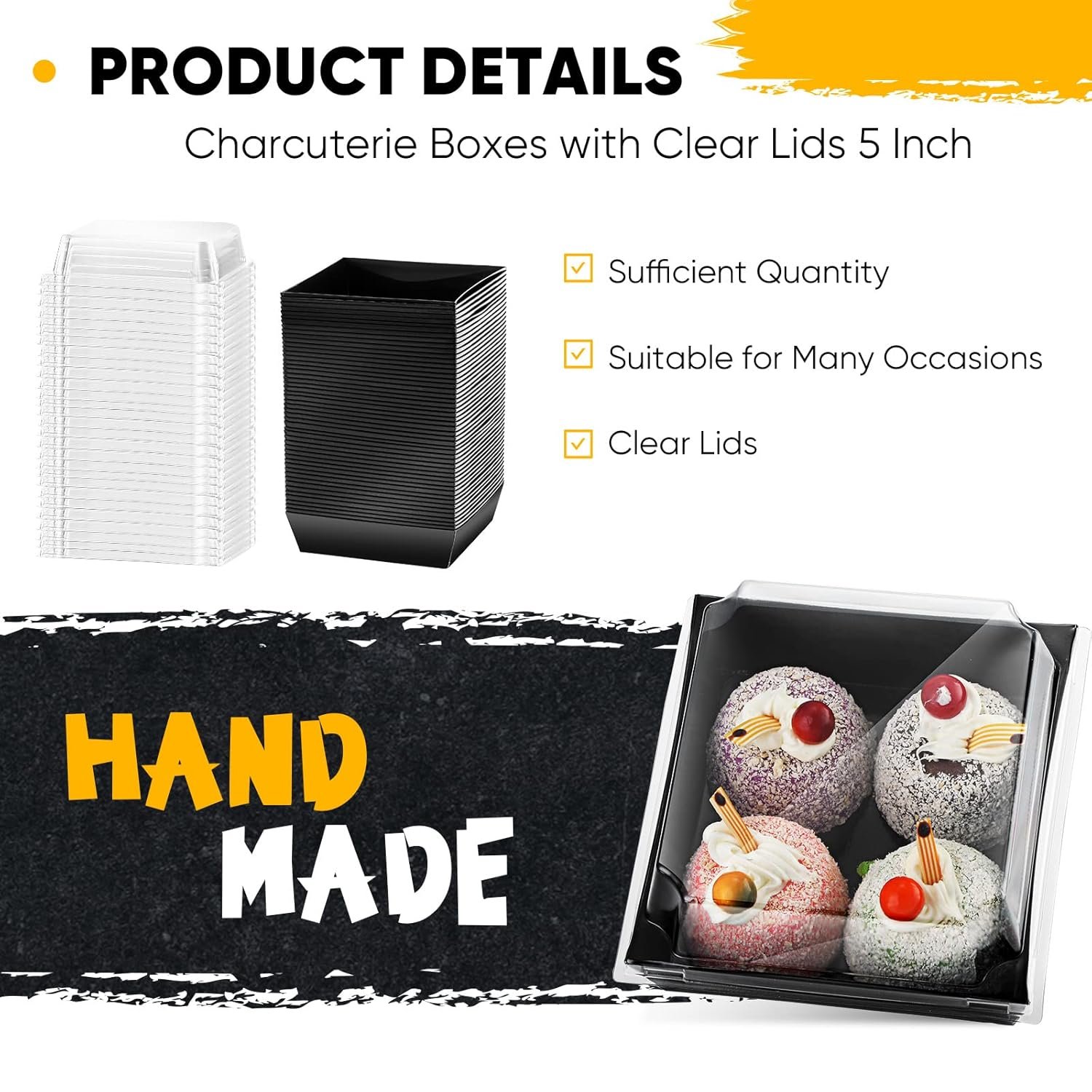 Wholesale 100 Pack 5 Inch Black Square Paper Charcuterie Boxes Clear Lids Disposable Cookie Containers for Desserts Cakes Hot Cocoa Bombs Strawberries Factory