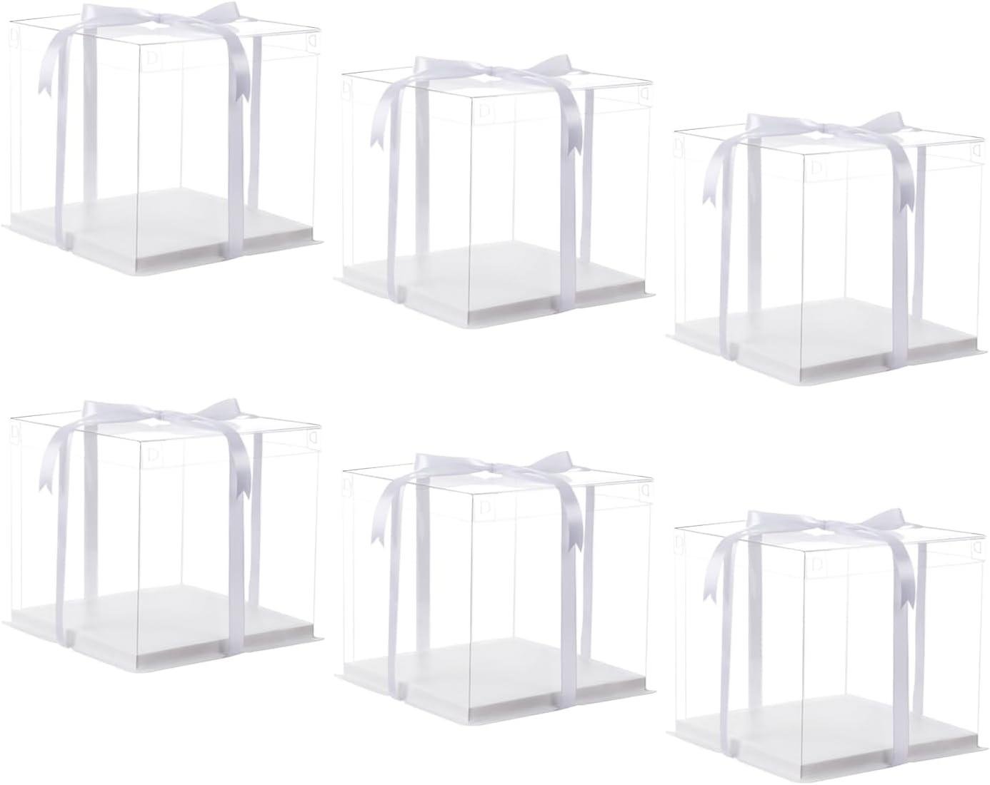 XININSUN 10 inch Clear cake Box, Large Transparent cake Box,tall cake boxes with Ribbon,10x10x9inch - Suitable for packing 8" or 10" cakes,Clear Gift Display Box for Carry Tall Layer Gift-6Pcs-White