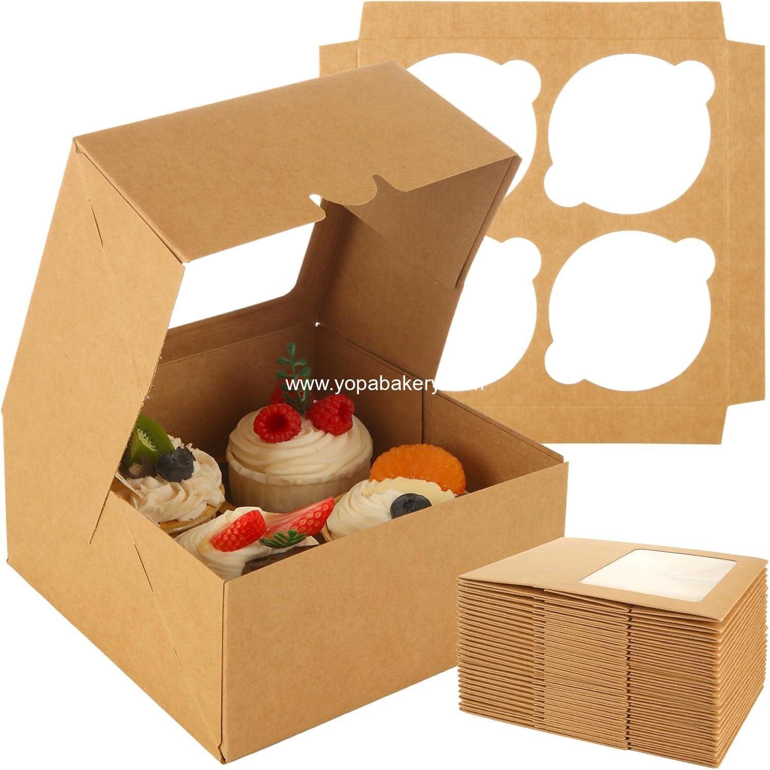 40 Pack Cupcake Boxes Hold 4 Standard Cupcakes, 6 x 6 in Brown Cupcake Containers with Window and Inserts, Food Grade Cupcake Holders Bakery Carrier Boxes for Muffins and Pastries, Auto pop up