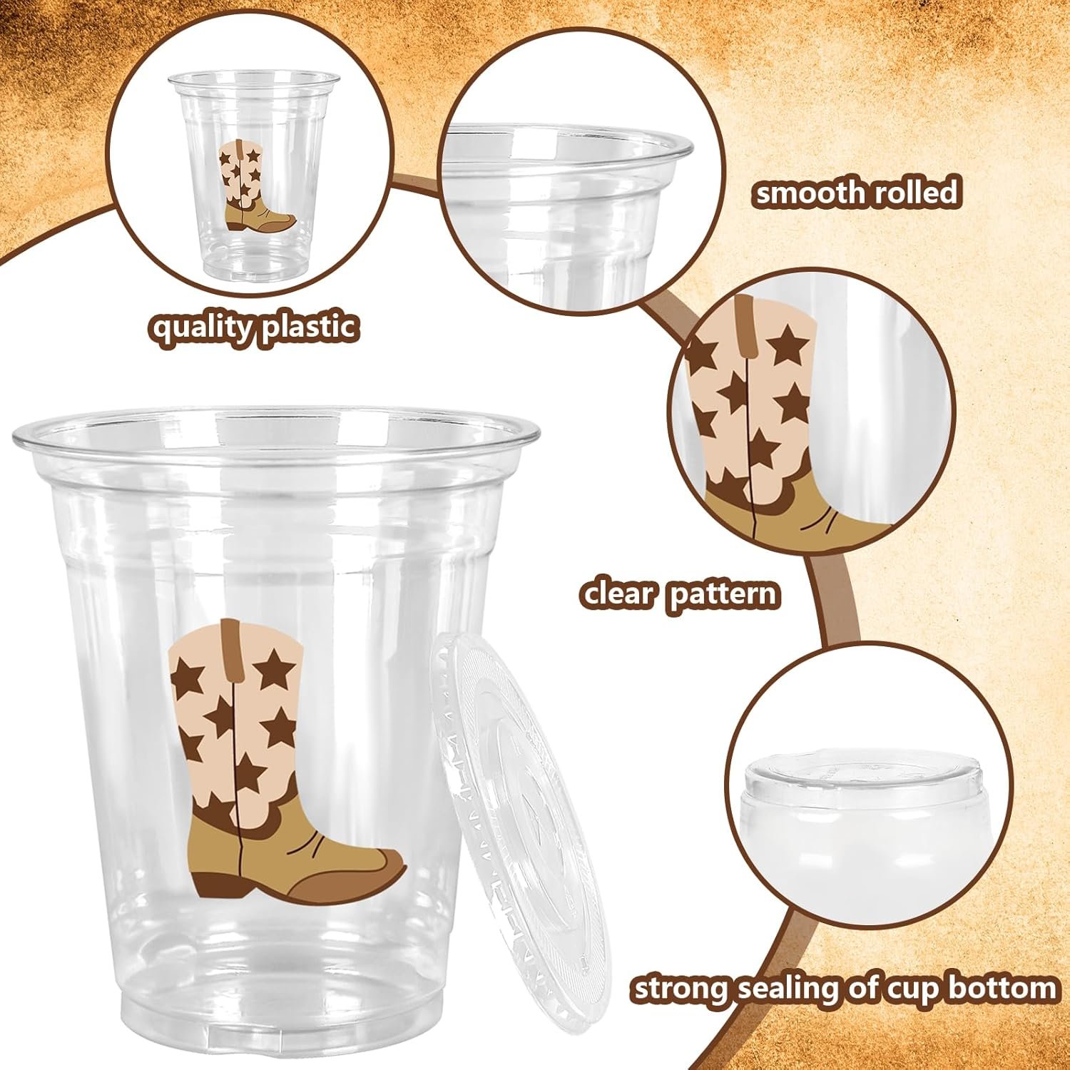 Wholesale 100 Pack 12oz Cowboy Plastic Disposable Cups with Lids Straws Brown Boots Design for Western Birthday Baby Shower 4 Patterns Factory