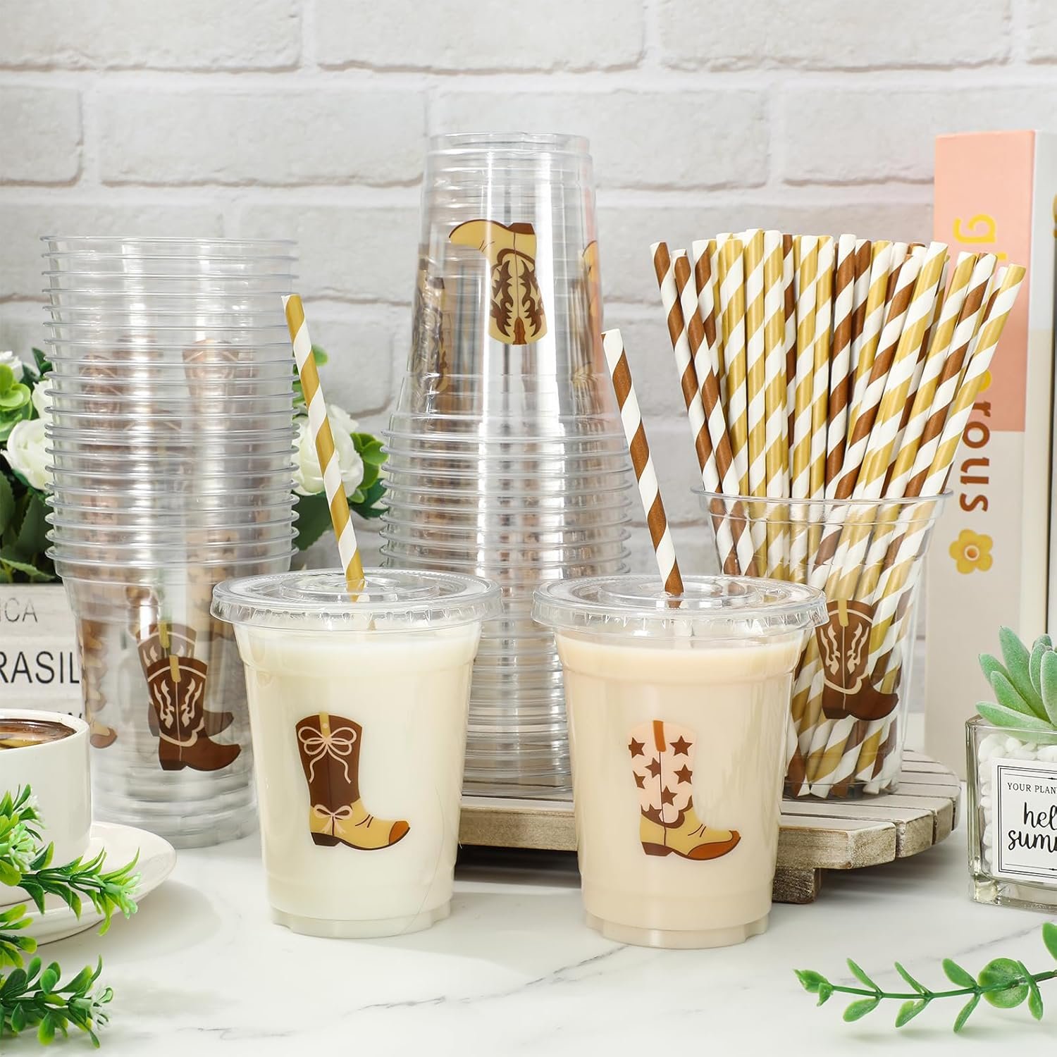 Wholesale 100 Pack 12oz Cowboy Plastic Disposable Cups with Lids Straws Brown Boots Design for Western Birthday Baby Shower 4 Patterns Factory