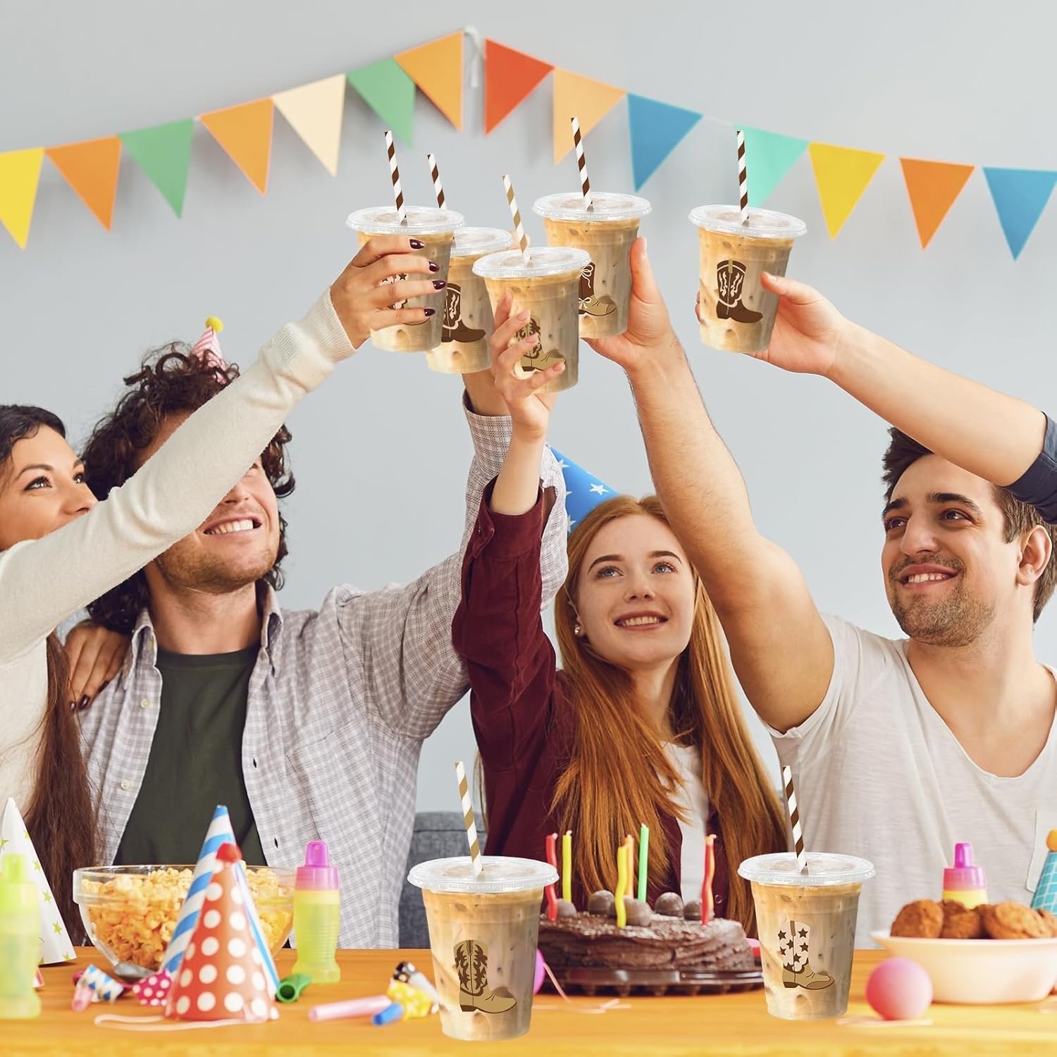 Wholesale 100 Pack 12oz Cowboy Plastic Disposable Cups with Lids Straws Brown Boots Design for Western Birthday Baby Shower 4 Patterns Factory