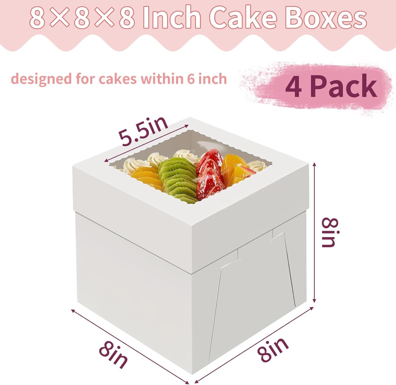 Wholesale 4-Pack 8x8x8 Inch Disposable White Cake Boxes Large Window Bakery Containers Cookies Pies Cupcakes Pastry Transport Factory
