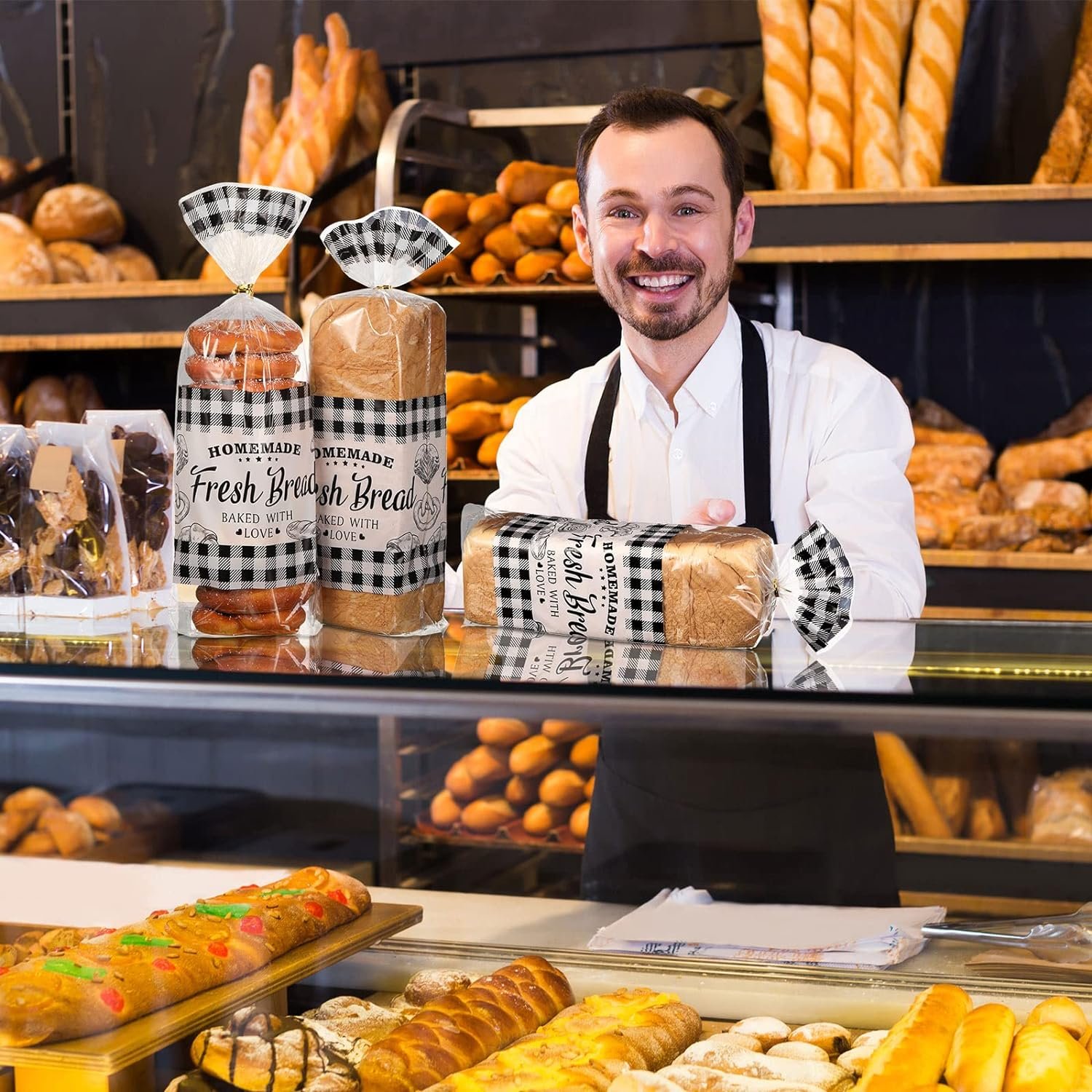 Wholesale 100 Pack Clear Plastic Bread Bags with Twist Ties Black Buffalo Plaid Design for Sourdough Cookies Rolls Bakery Home Bakers Gift Packaging Factory