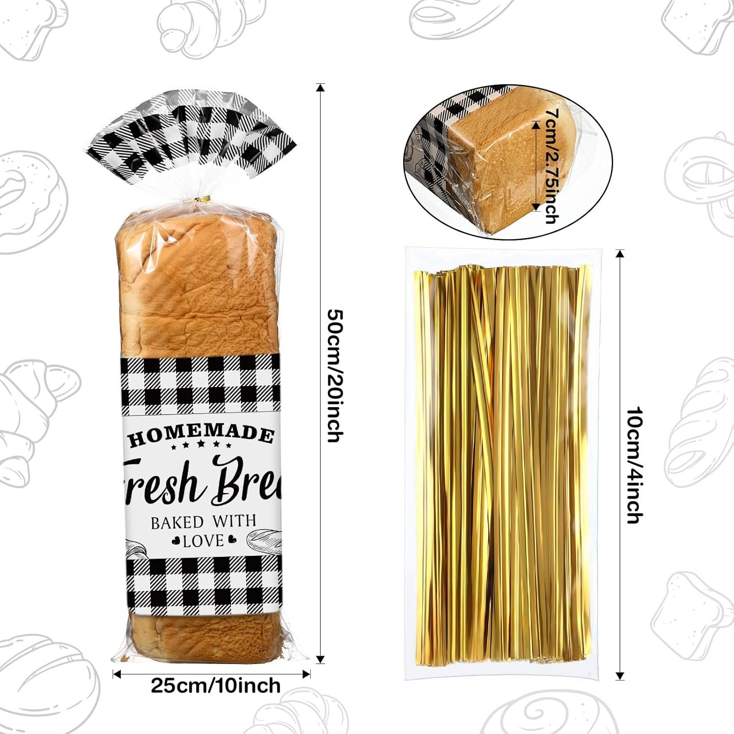 Wholesale 100 Pack Clear Plastic Bread Bags with Twist Ties Black Buffalo Plaid Design for Sourdough Cookies Rolls Bakery Home Bakers Gift Packaging Factory
