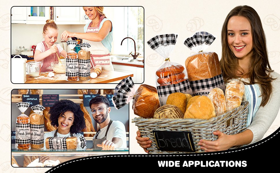 Wholesale 100 Pack Clear Plastic Bread Bags with Twist Ties Black Buffalo Plaid Design for Sourdough Cookies Rolls Bakery Home Bakers Gift Packaging Factory