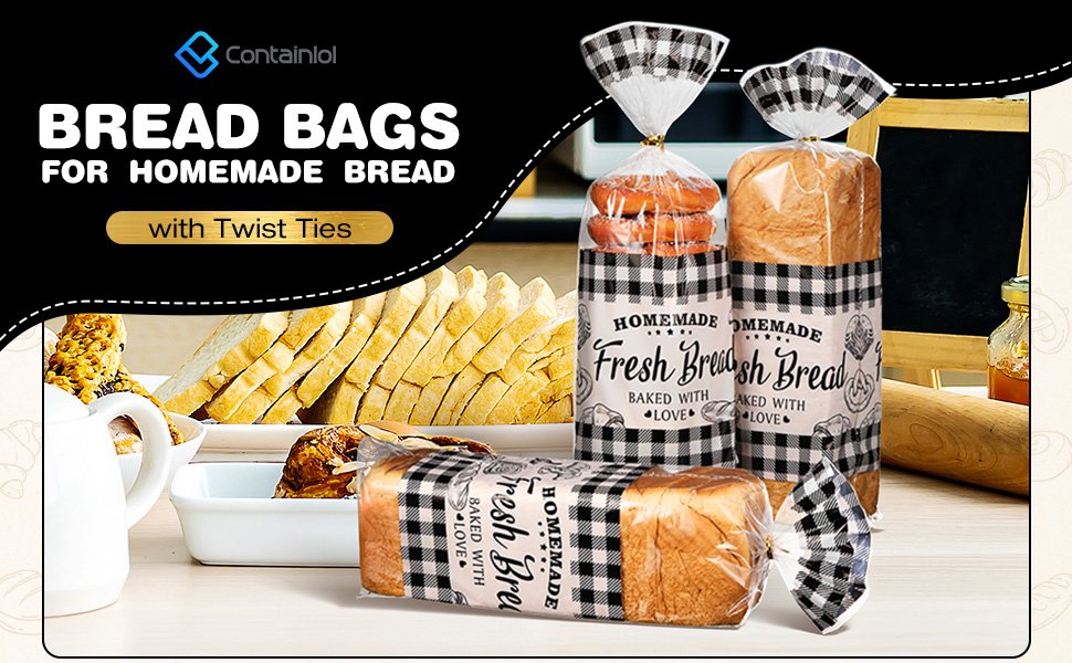 Wholesale 100 Pack Clear Plastic Bread Bags with Twist Ties Black Buffalo Plaid Design for Sourdough Cookies Rolls Bakery Home Bakers Gift Packaging Factory