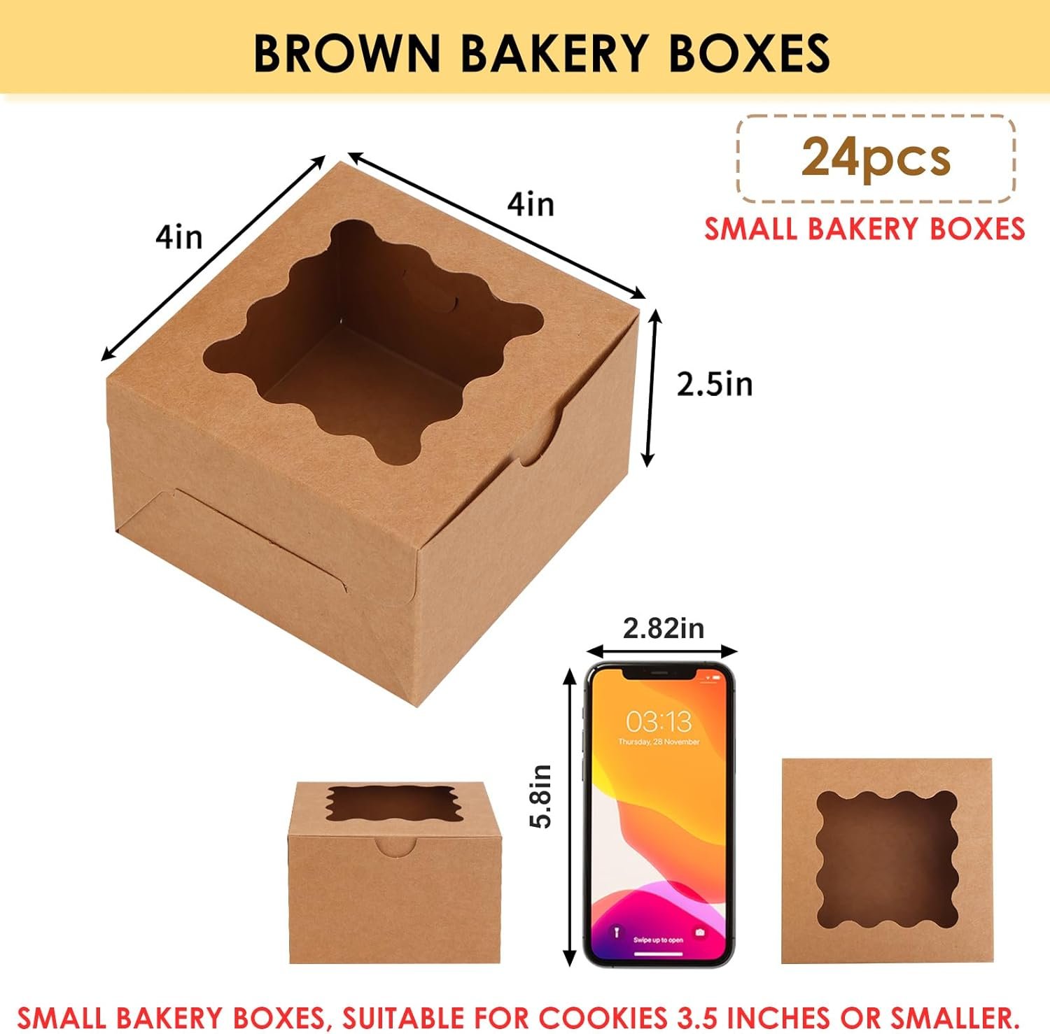Wholesale 24pcs 4x4x2.5 Inch Brown Bakery Boxes with Window for Cookies Pastries Treats Desserts Factory