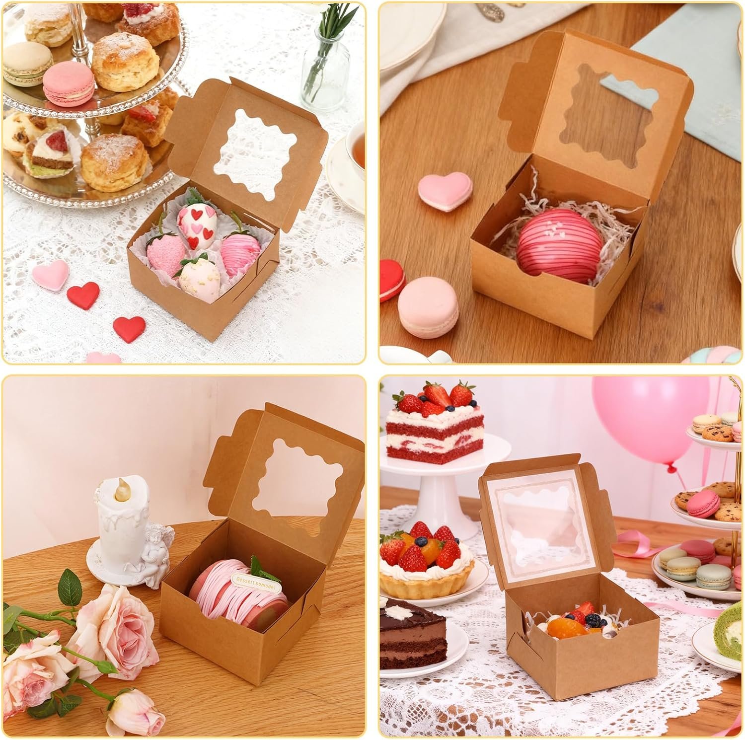 Wholesale 24pcs 4x4x2.5 Inch Brown Bakery Boxes with Window for Cookies Pastries Treats Desserts Factory