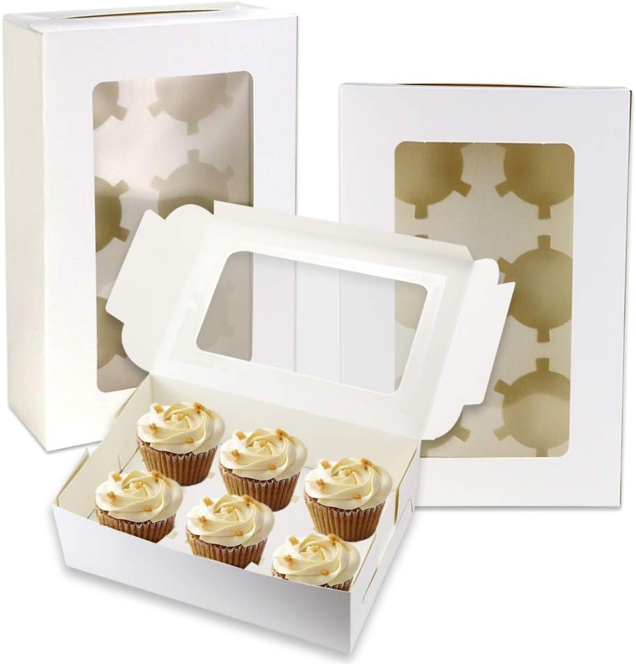 Wholesale 20-Pack White Cupcake Boxes with 6-Holder Inserts PVC Window Auto-Popup Bakery Containers 9x6x3 Inch Factory