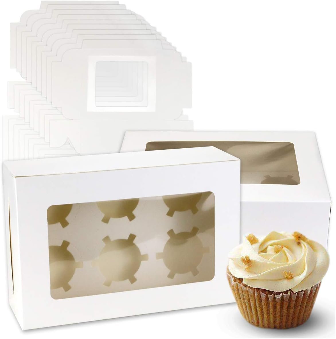 Pralb 20Pack White Cupcake Boxes with Inserts 6 Holders,White Standard Bakery Boxes with Pvc Window,Cupcake Containers Bakery Cake Box,Auto-Popup Cupcake Containers Carriers Bakery Cake Box(9x6x3inch)
