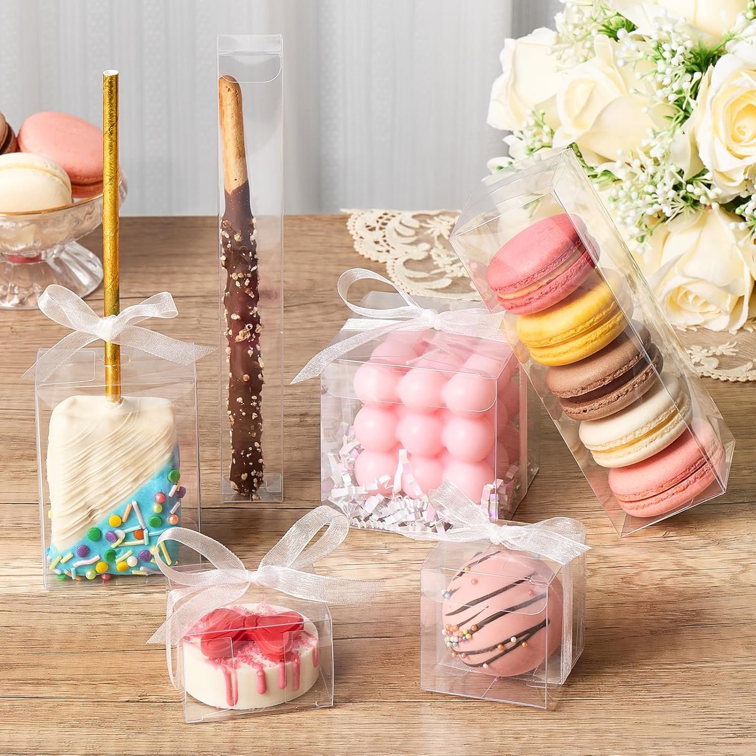 Wholesale 100 Pack 2x2x2 Inch Clear Favor Boxes with Ribbons Mini Transparent Cube for Candy Chocolate Bombs Plastic Individual Macaron Packaging Factory