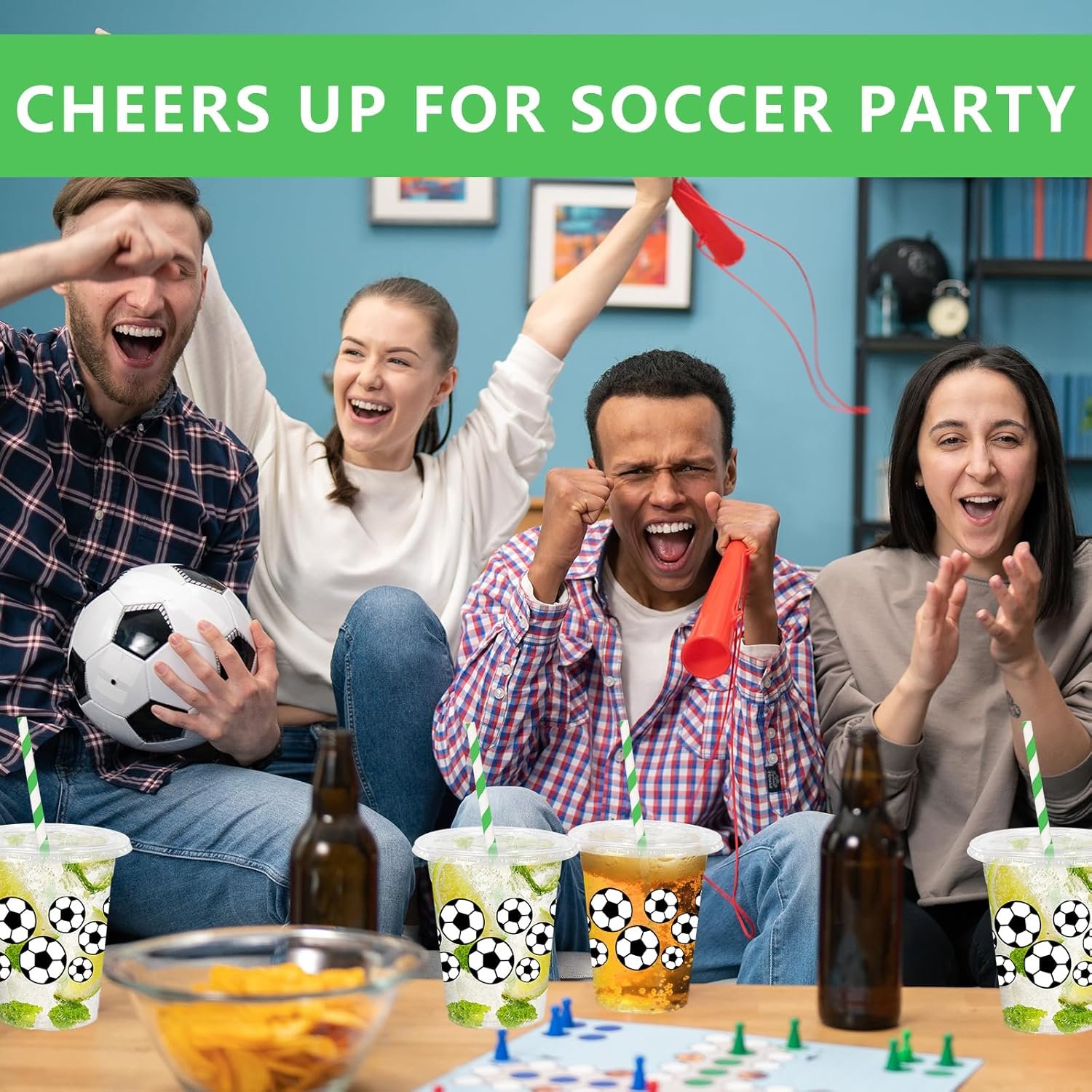 Wholesale 50 Pack 12oz Soccer Football Clear Plastic Cups with Lids Straws Disposable for Sports Party Factory