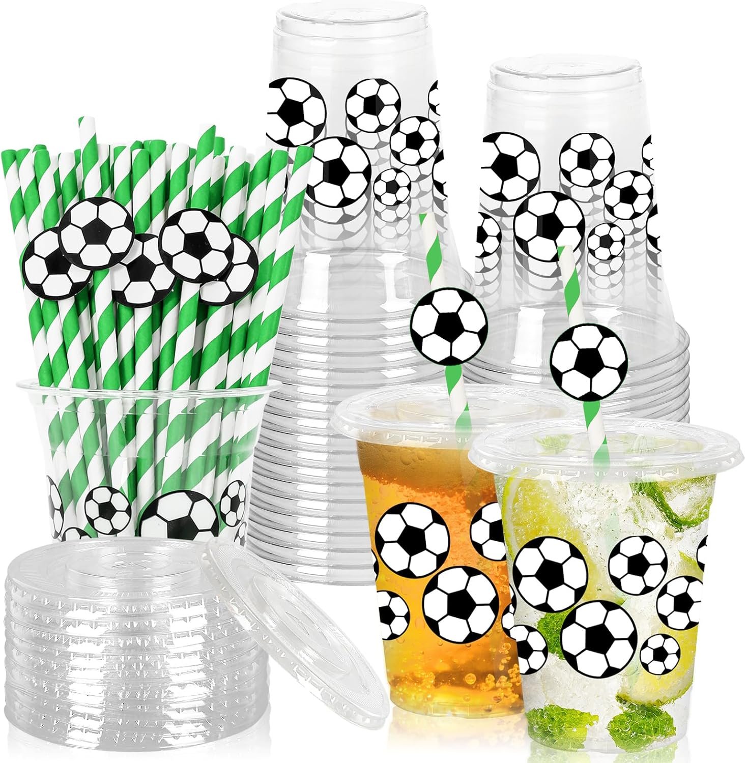 Wholesale 50 Pack 12oz Soccer Football Clear Plastic Cups with Lids Straws Disposable for Sports Party Factory