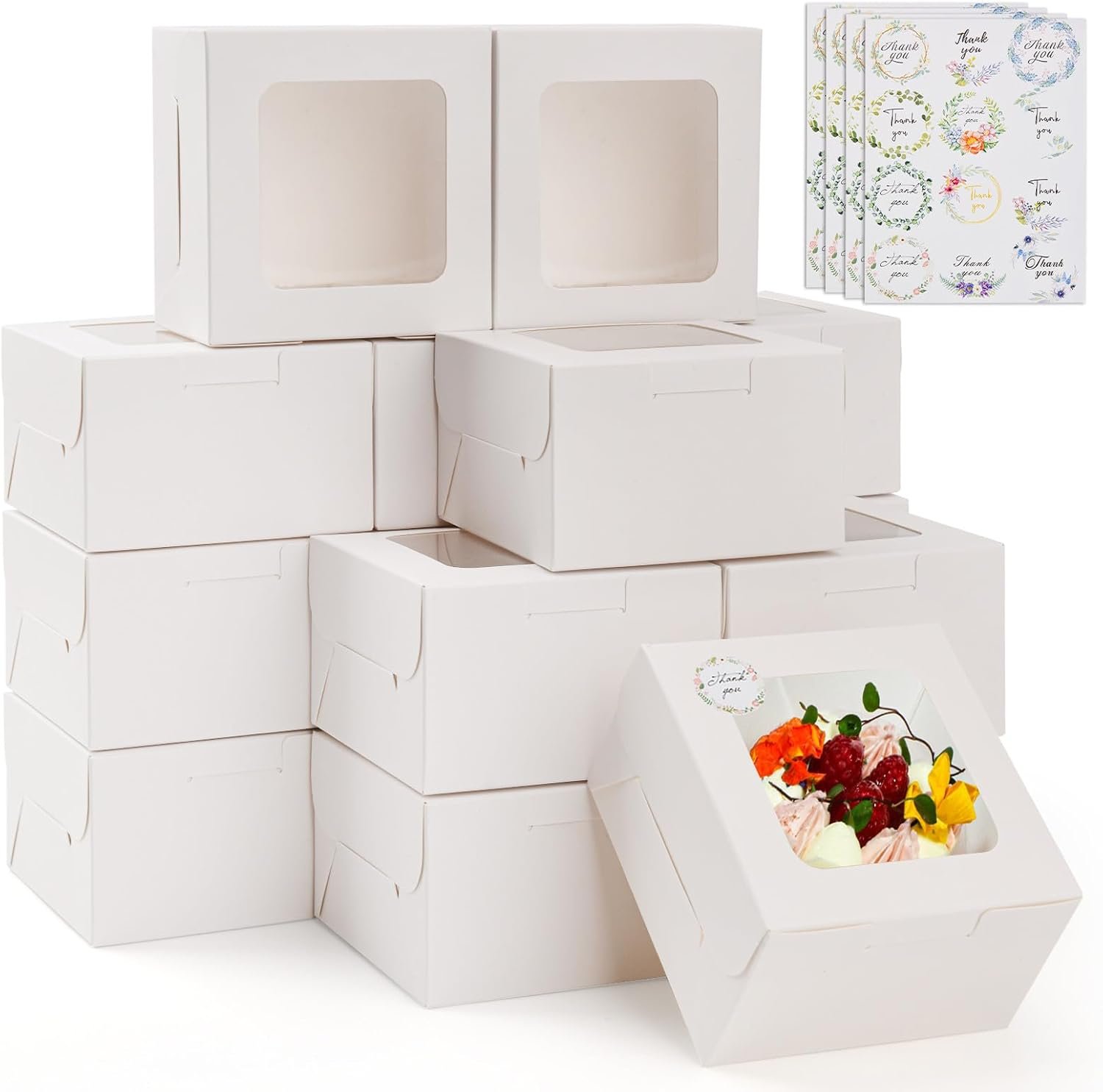 Vane Delx 30pcs Small White Cookie Boxes, 4x4x2.5 Inch Bakery Boxes with Window, Providing Gift Packaging Solutions for Mini Cakes, Desserts, Treats, Pastries, and Individual Cupcakes