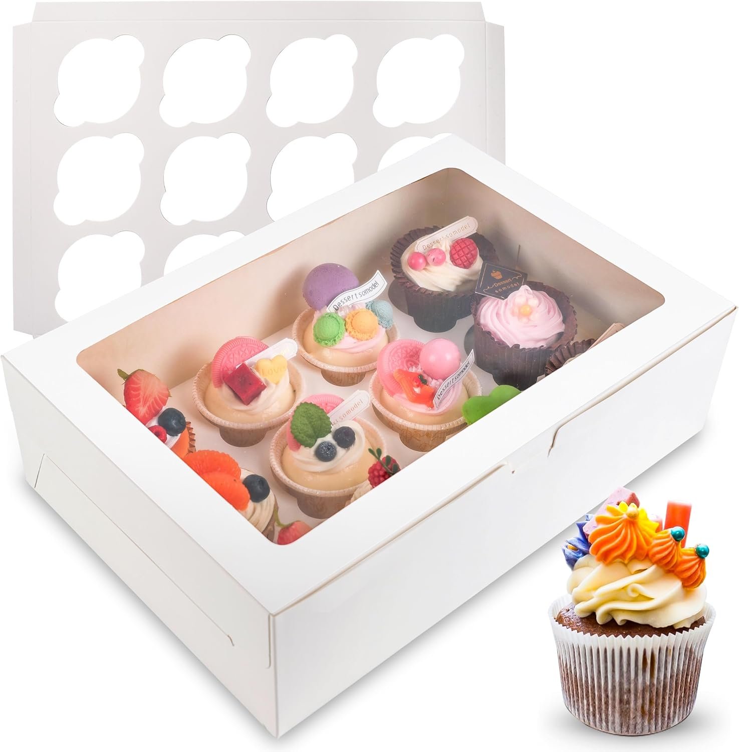 NPLUX 6 Pack Cupcake Boxes, 12 Count Cupcake Containers with Window and Cardborad, Food Grade Cupcake Carrier For Muffins Cupcakes Desserts (White 13.8×9.5×4 In)