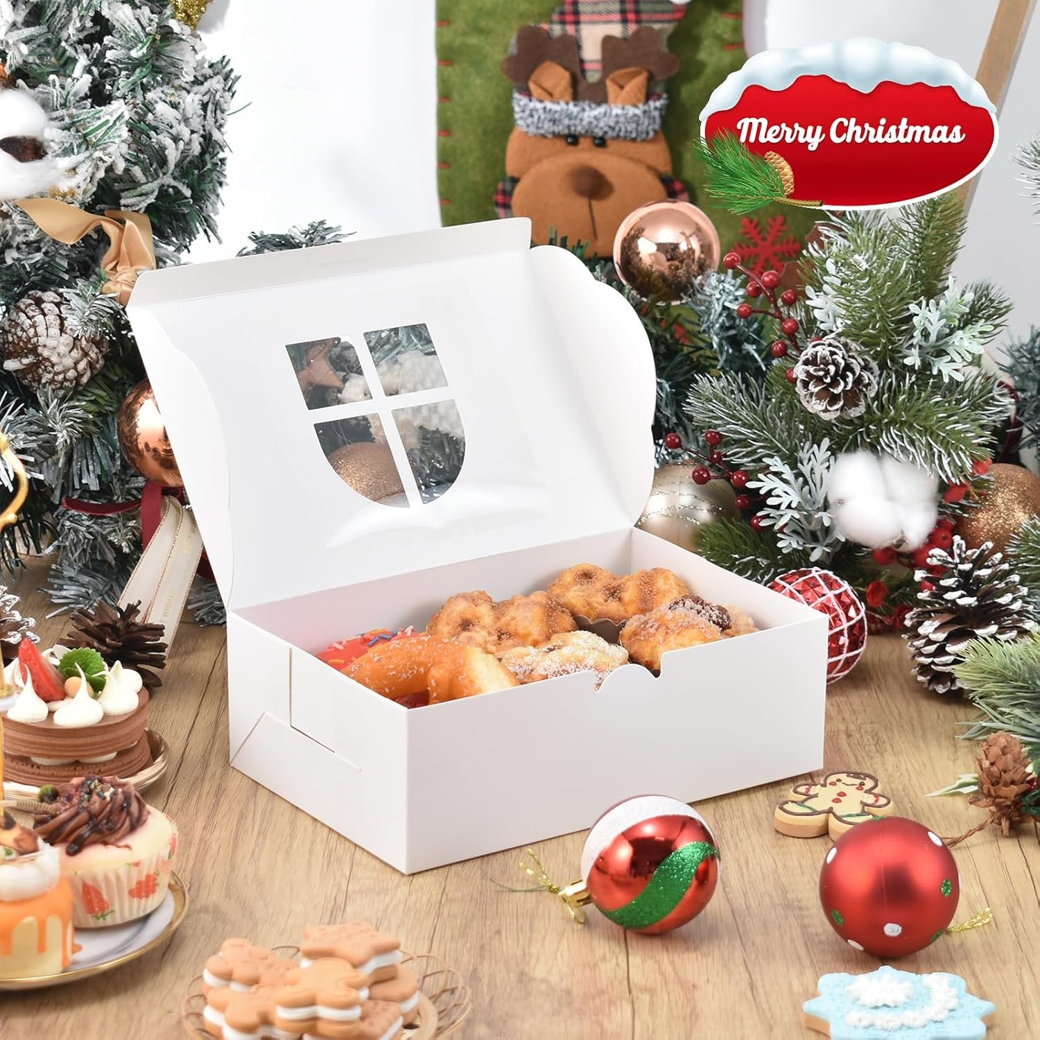 Wholesale 12 Pack Christmas Cookie Boxes with Window 9x6x3 Inch Brown Bakery Boxes White Cake Pastry Containers for Holiday Gifts Cakes Muffins Donuts Chocolates Strawberries Factory