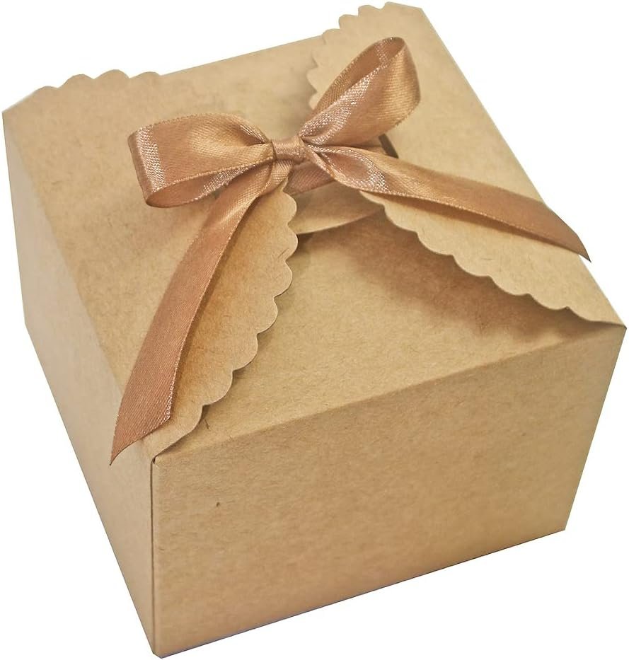 WEWILUCK Brown Box for Presents, 10 Pack Small Empty Kraft Paper Gift Boxes with Ribbon For Packaging Candy, Cookie, Chocolate, Craft, Candle, Small Gifts, 4.75” x 4.75” x 3.53”