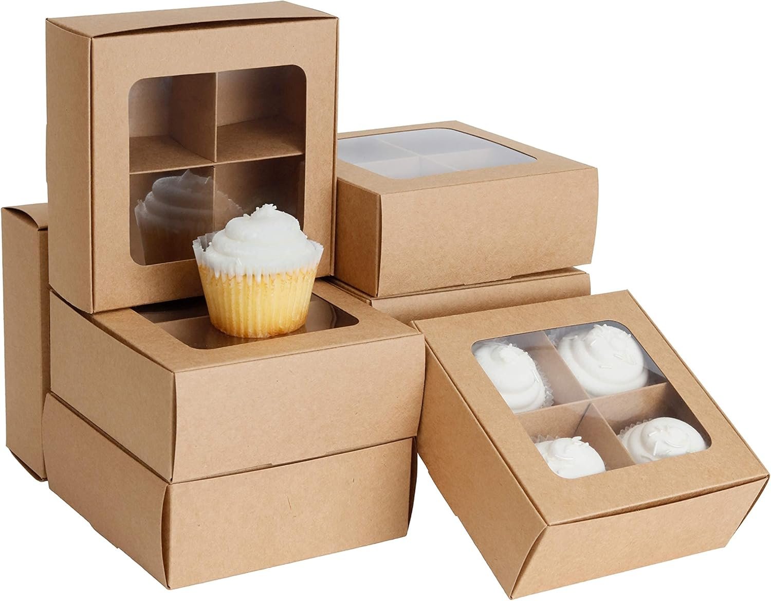 Wholesale 24pcs Kraft Treat Boxes with Window Dividers 4 Medium Compartments 6x6x2.4in Cookie Pastry Baked Goods Valentine Boxes Factory