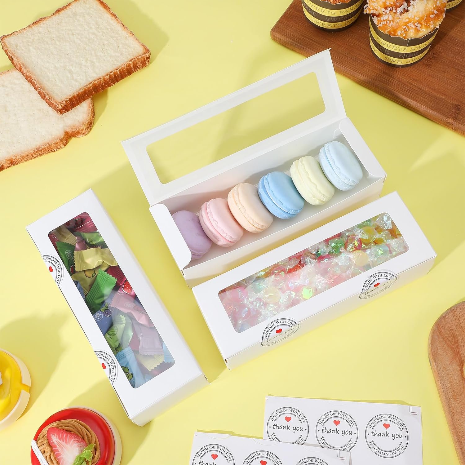 Wholesale 100pcs Clear Window Macaron Boxes 200 Stickers Long Rectangle White Bakery Packaging Cookies Donuts Pastries Chocolate Strawberries Factory
