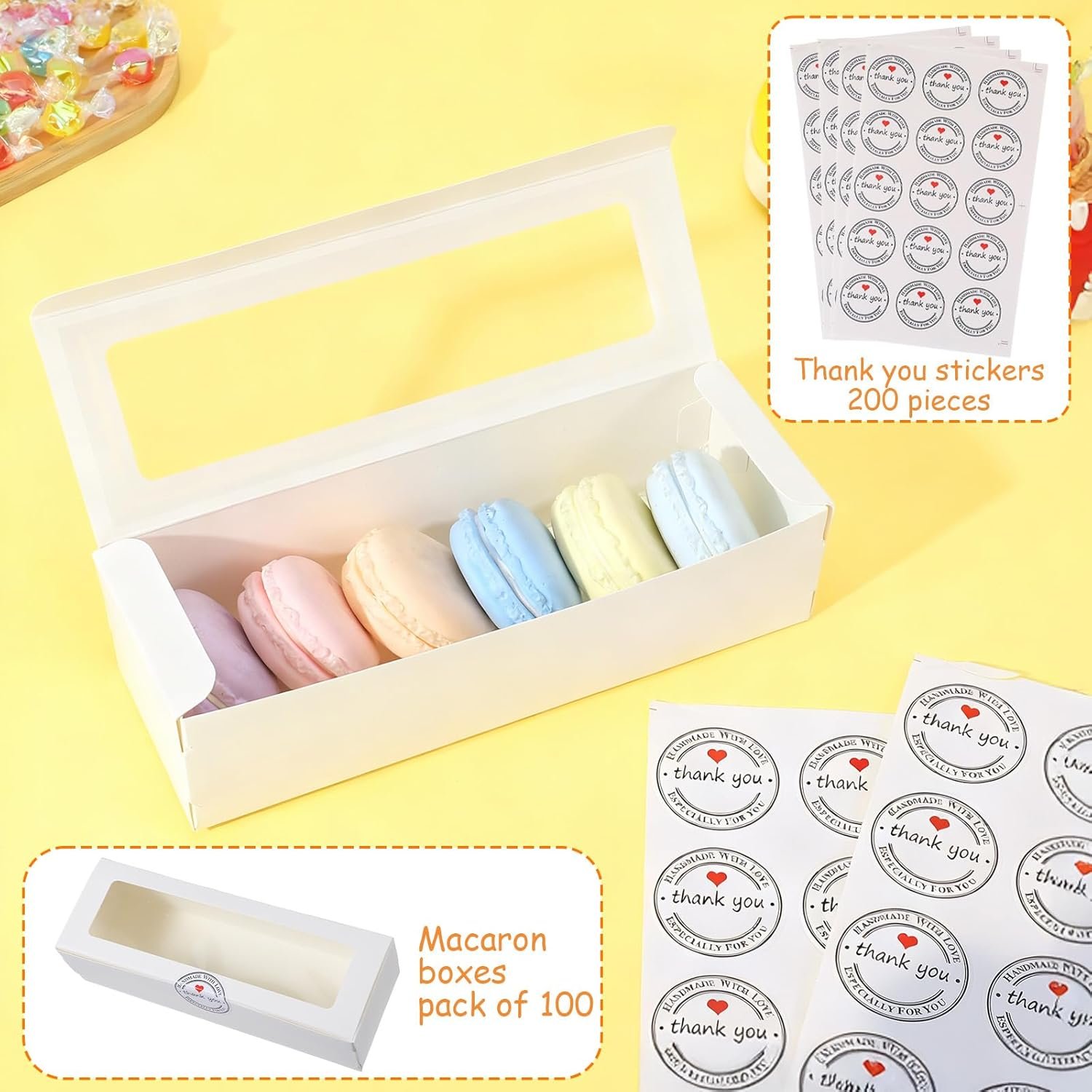 Wholesale 100pcs Clear Window Macaron Boxes 200 Stickers Long Rectangle White Bakery Packaging Cookies Donuts Pastries Chocolate Strawberries Factory